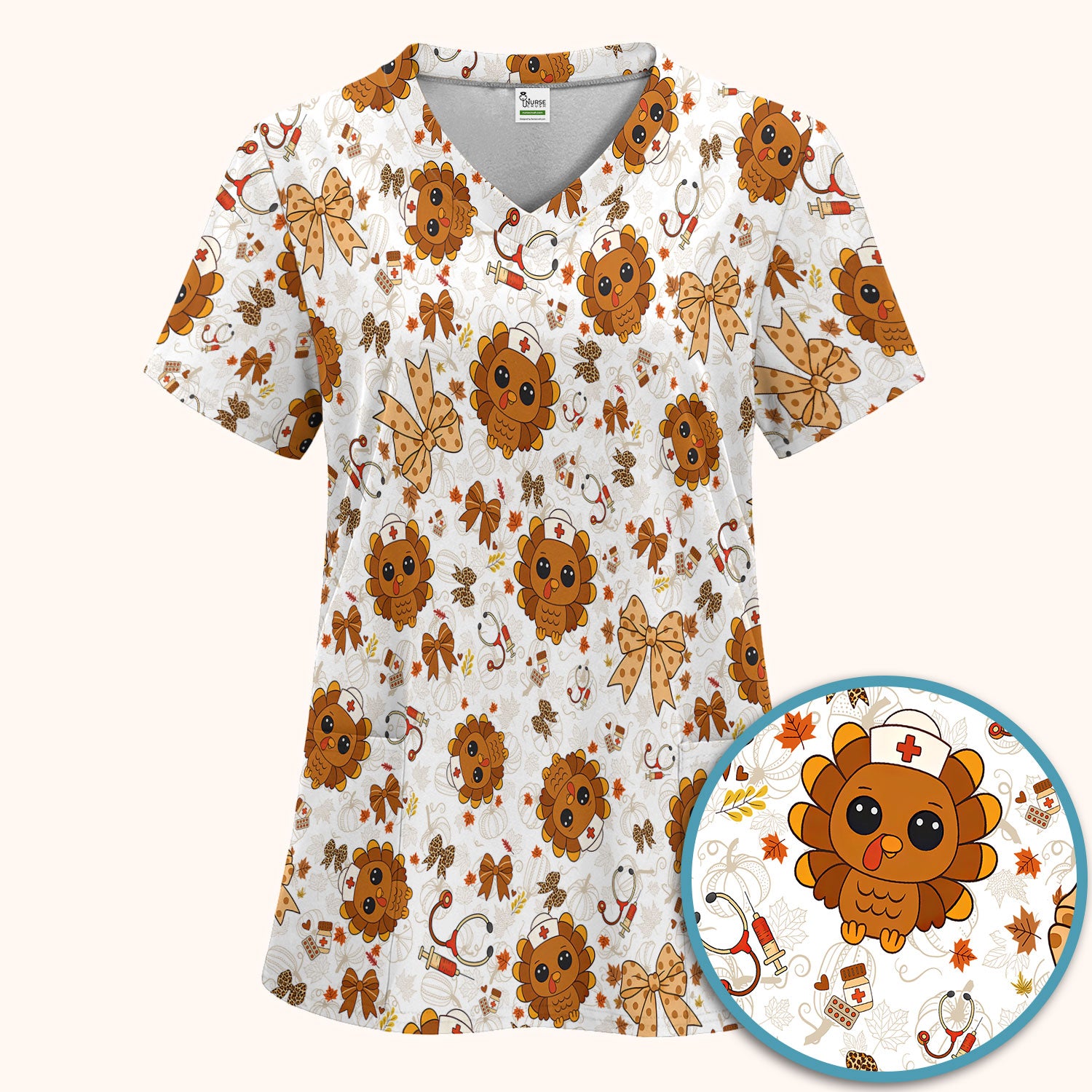 Thanksgiving Turkey Nurse Scrub Set for Women - Cute Fall Leaves and Bow Scrub Pants and V Neck Top - Autumn Medical Uniform
