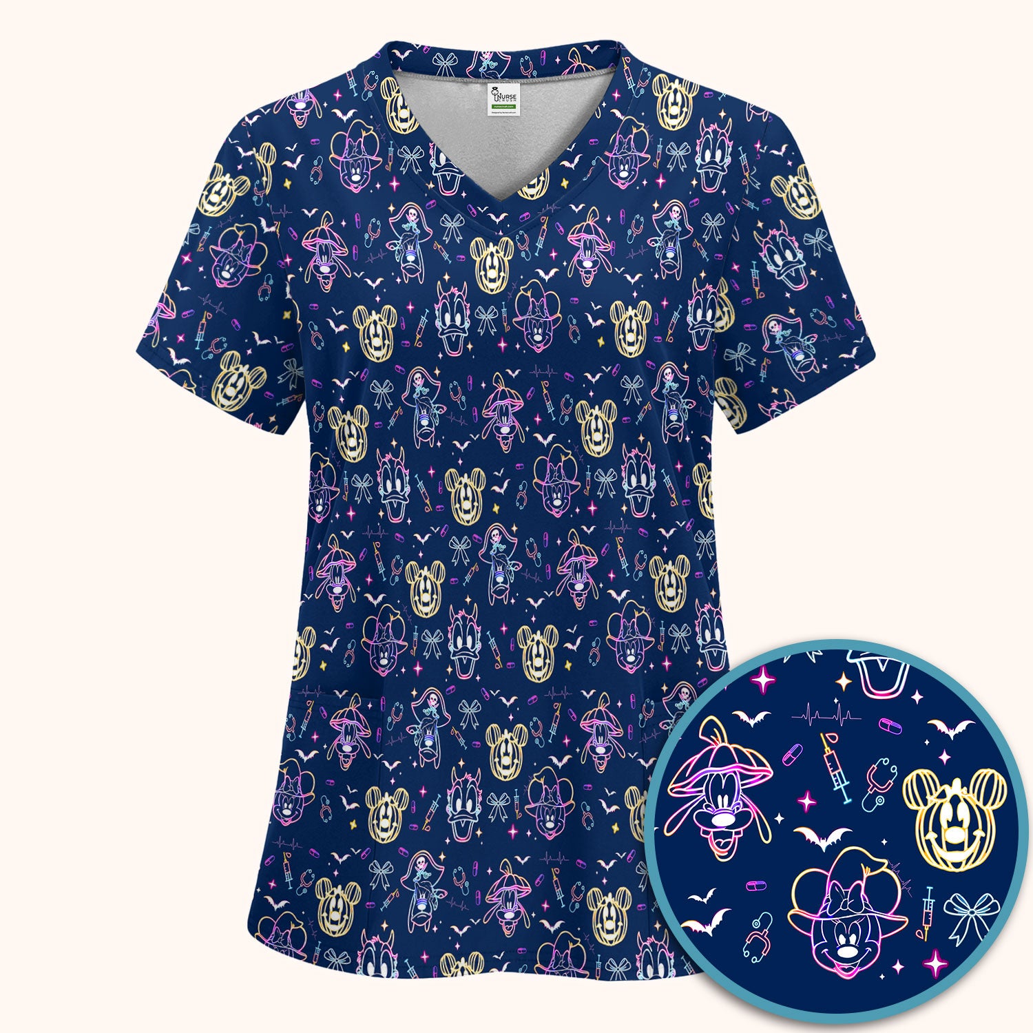 Neon Mouse Halloween Scrub Set for Nurses - Spooky Faces and Scary Pumpkin Scrub Pants and V Neck Shirt - Funny Med Uniform