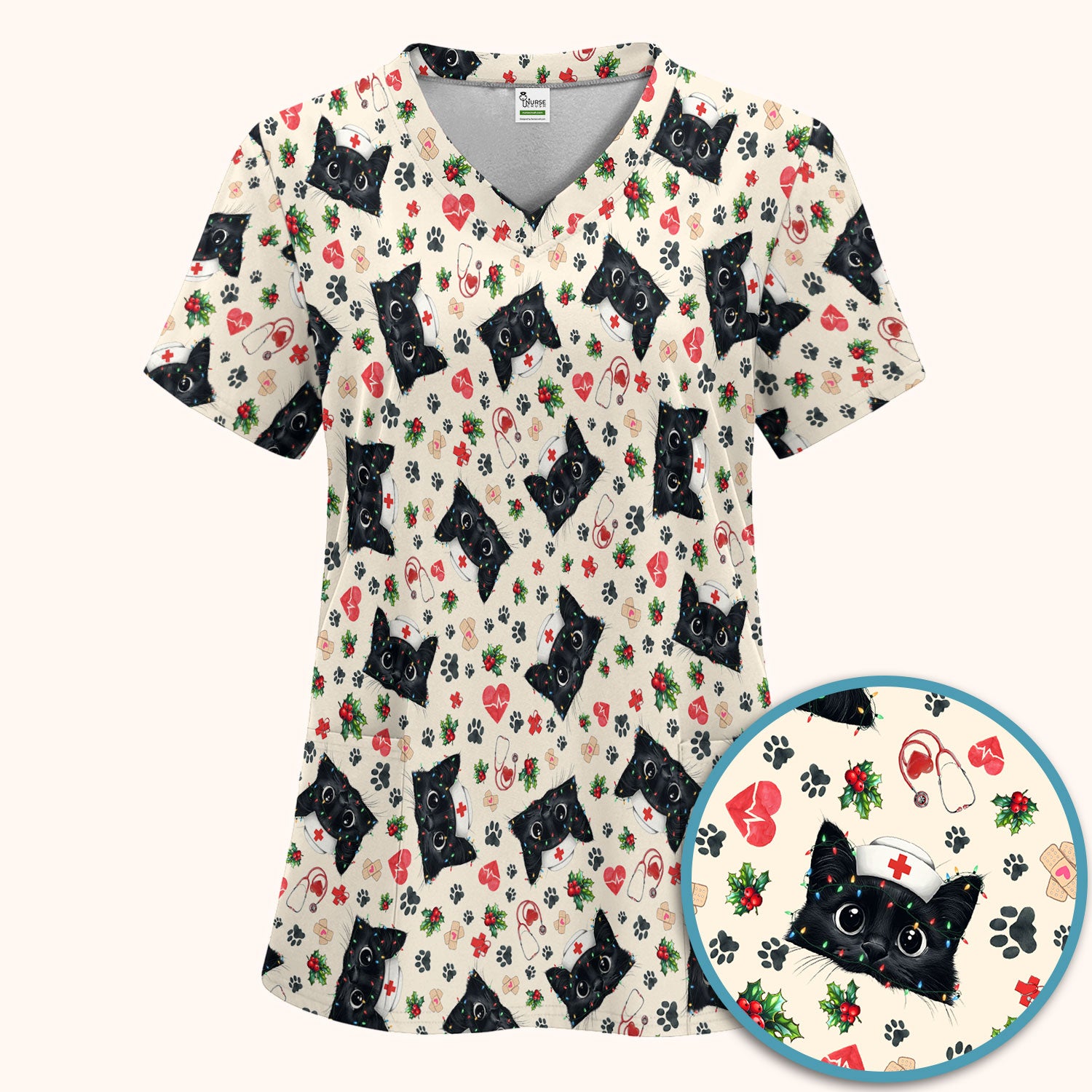 Funny Cats Scrub Set for Nurses - Black Kittens Christmas Scrubs Pants and V Neck Top - Jolly Medical Uniform Gift for RN CNA LPN