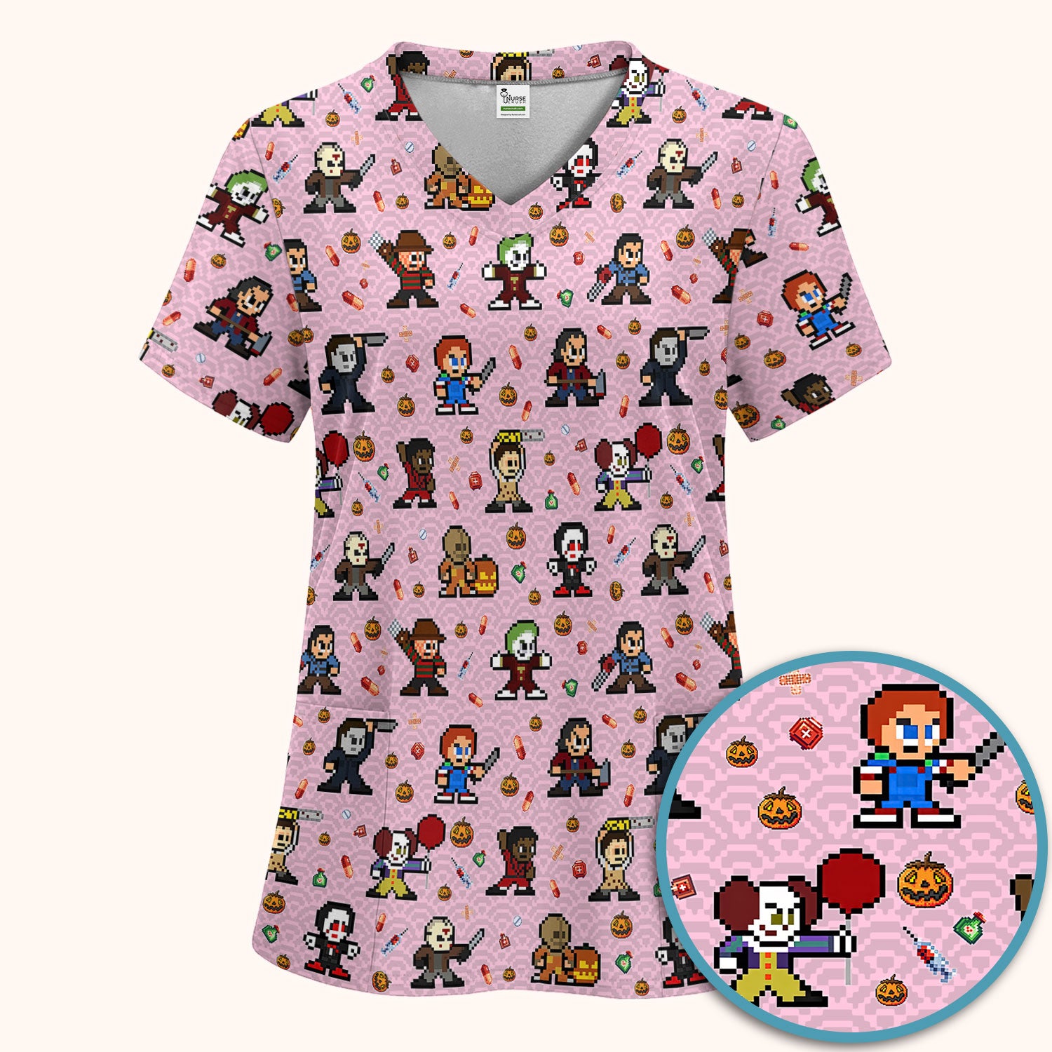 Halloween Women's Scrub Sets - Comfortable Scrubs for Nurses - Scary Character Scrub Pants and V Neck Top - Med Uniform for Her