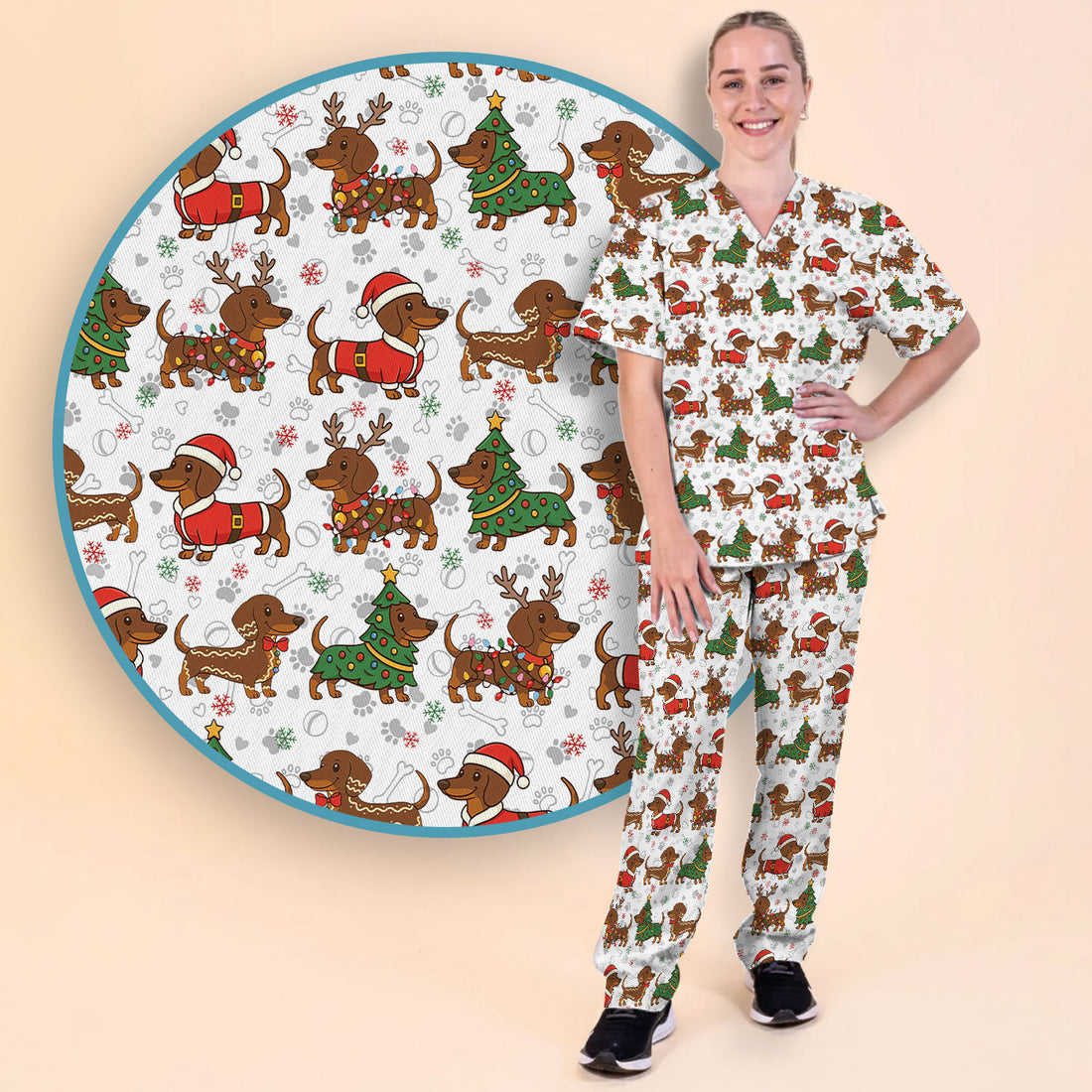 Christmas Weenie Dog Scrub Sets - Xmas Dachshund Scrub Pants - Cute Sausage Puppy V Neck Top - Ugly Sweater for Pet Lover