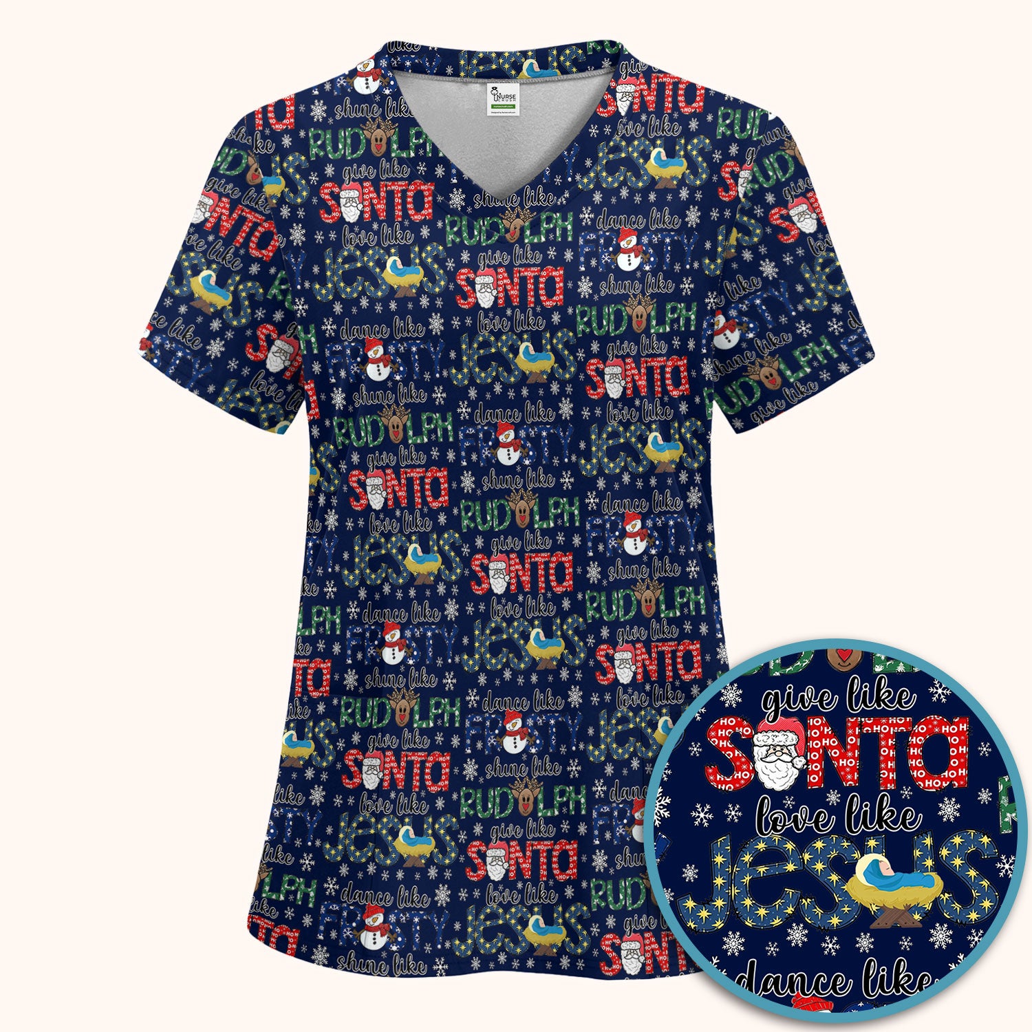 Xmas Rudolph Comfortable Scrub Set for Nurses - God Santa Scrub Pants and V Neck Top - Breathable Med Uniform