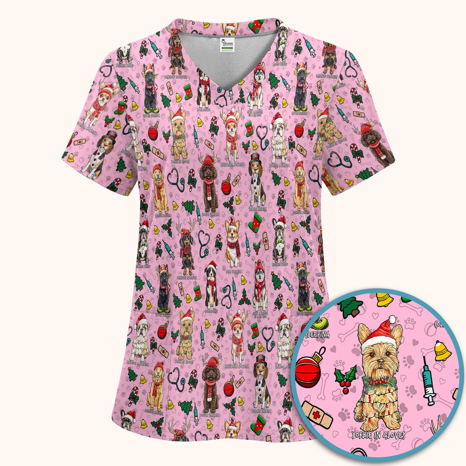 Christmas Dog Scrub Set for Nurses - Dachshund, Husky, Poodle, Corgi & Labrador Holiday Scrub Top and Pants - Funny Santa Medical Shirt