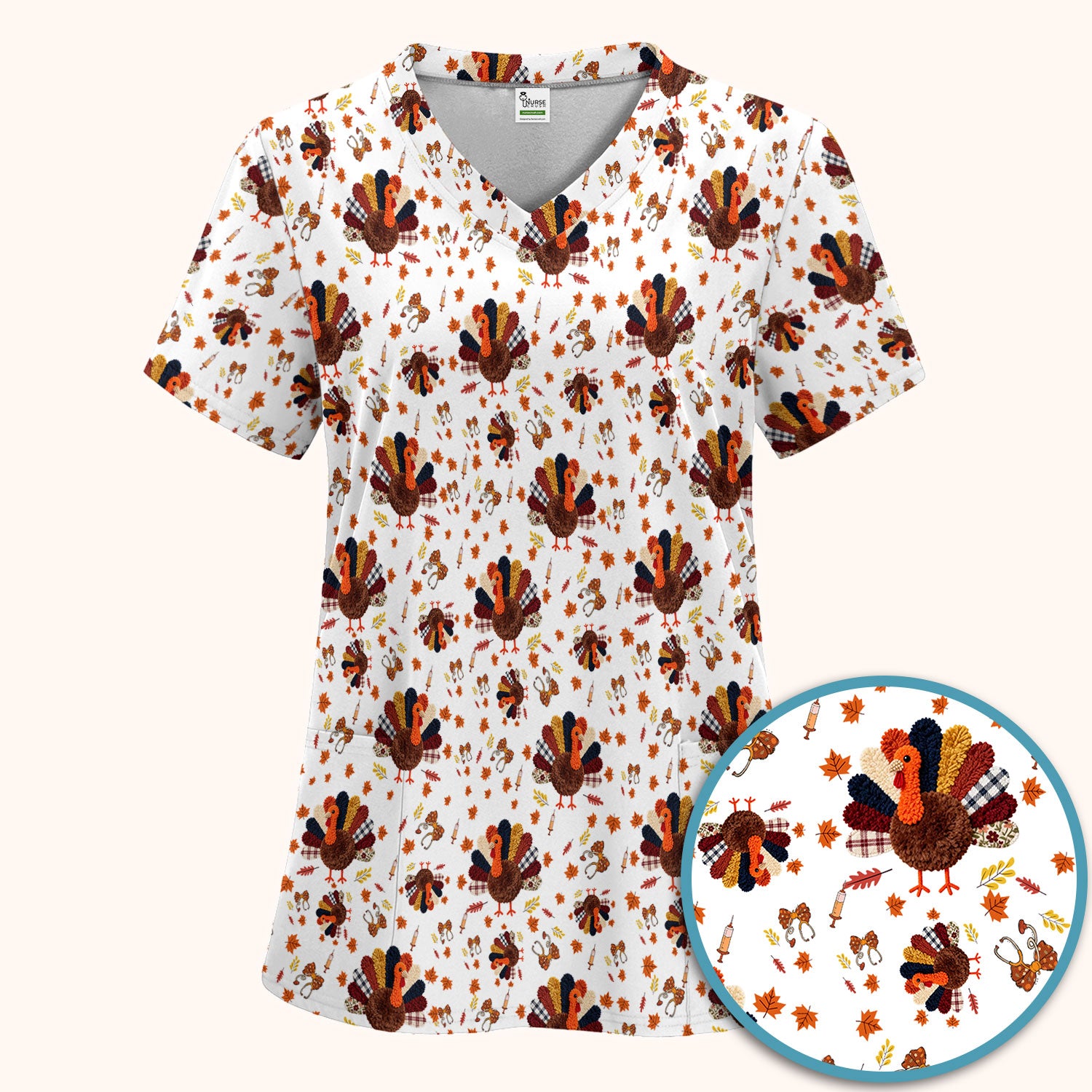 Thanksgiving Women's Scrub Sets - Funny Autumn Turkey Pants and V Neck Top - Breathable Fabrics Nursing Uniform
