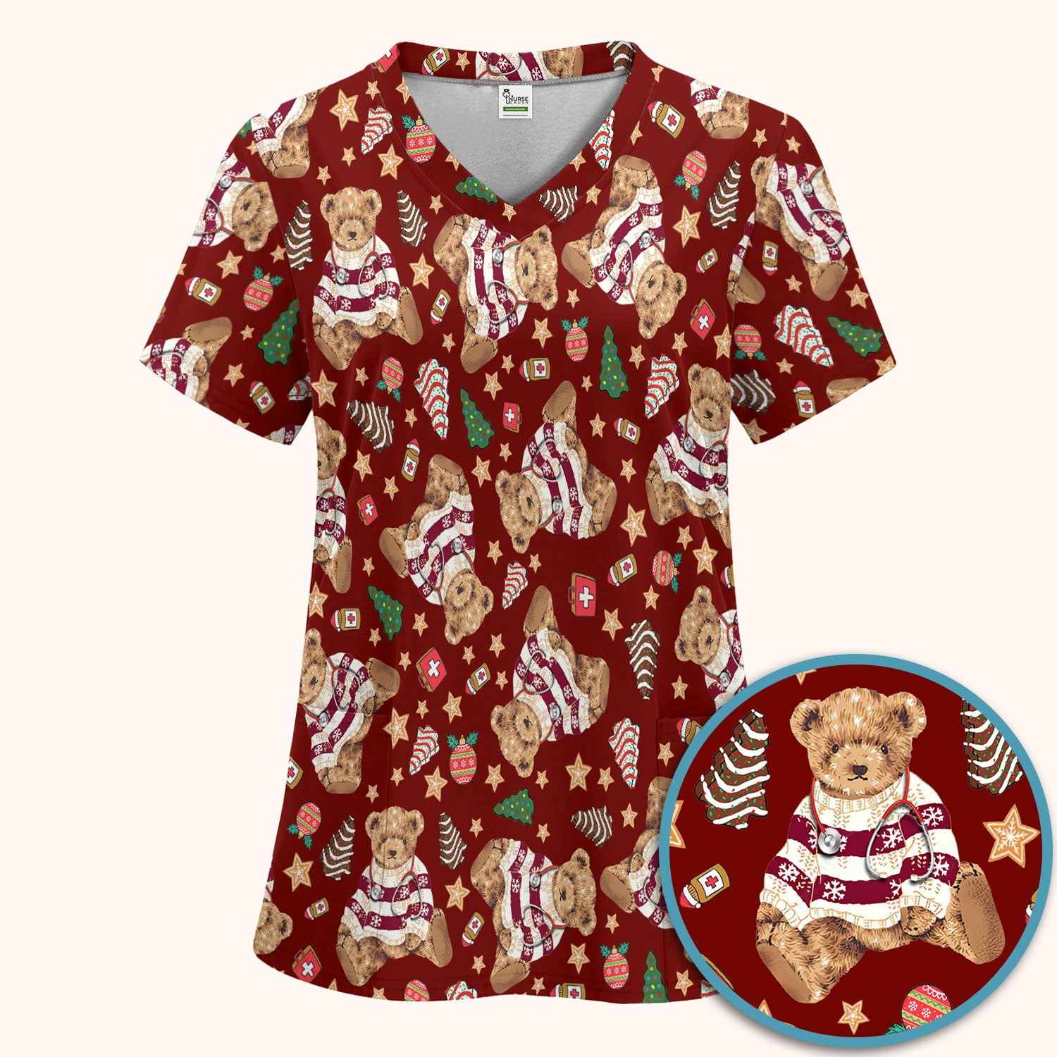 Teddy Bear Christmas Scrub Set - Festive Scrubs Pants and V Neck Top for Women - Gift for Nurses RN CNA LPN