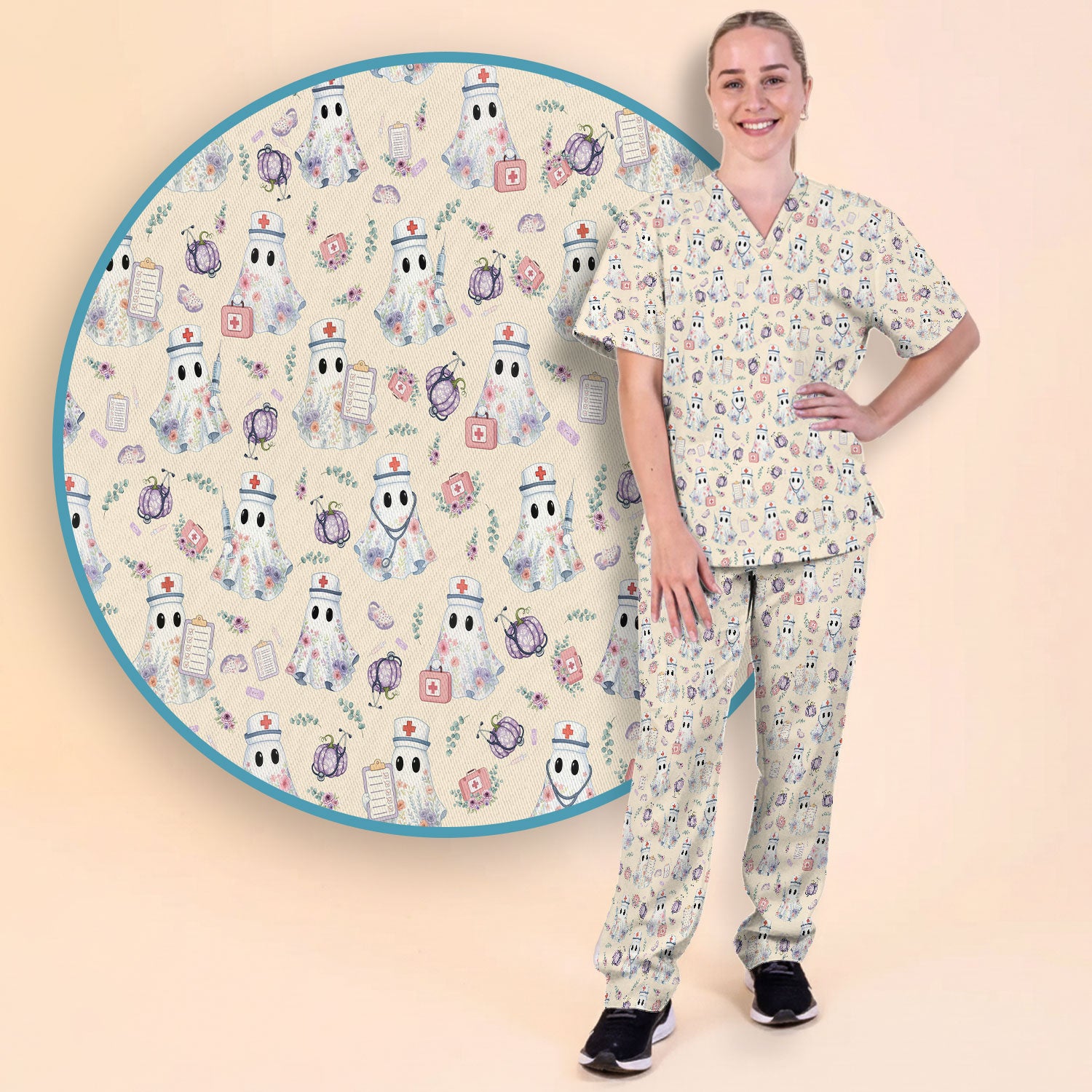 Ghost Nurse Medical Uniform - Cute Boo Halloween Scrub Set - Purple Pumpkin Scrub Pants - Funny Halloween Sweatshirts