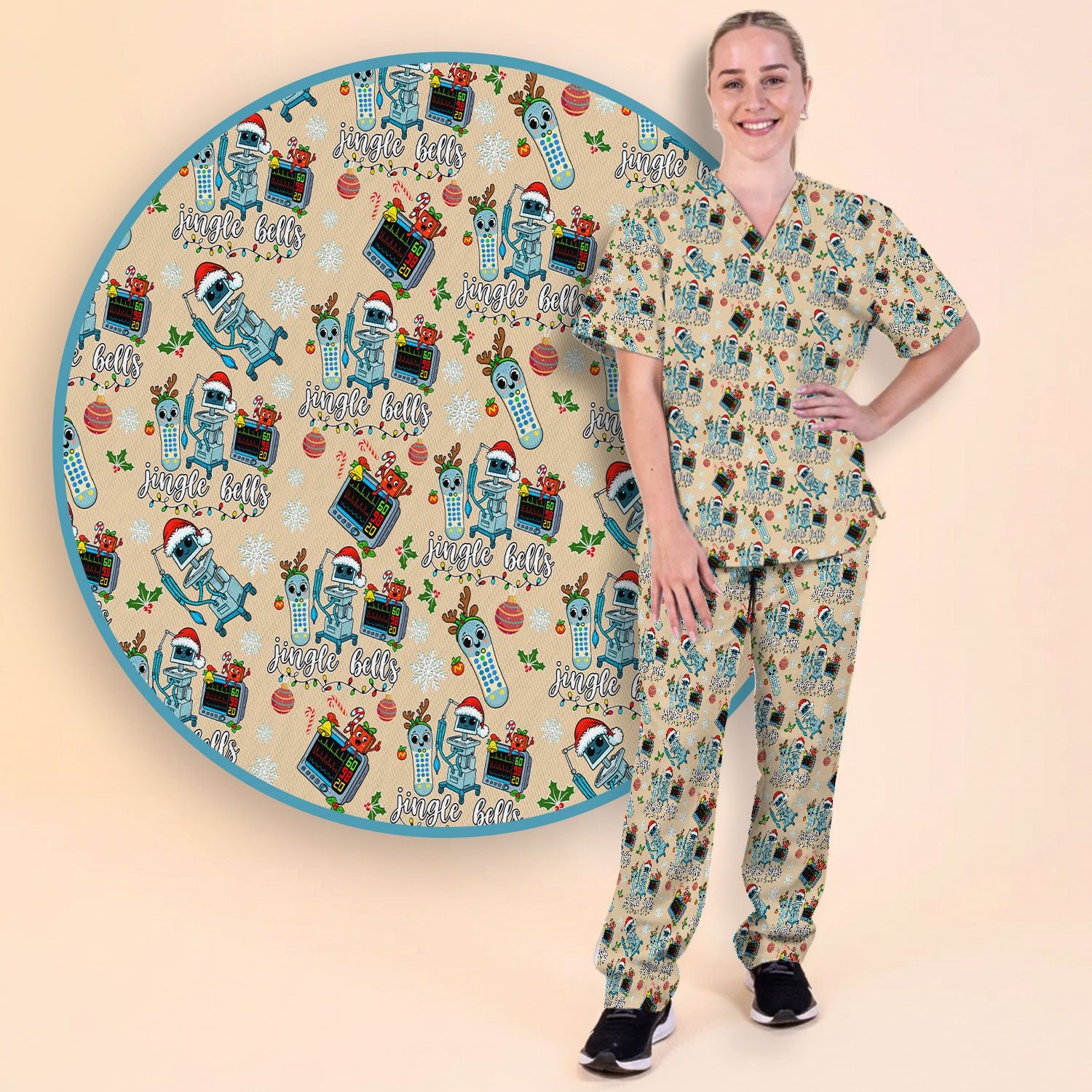 Funny Xmas Women's Scrub Sets - Jingle Bells Holiday Med Uniform -  Christmas Scrub Pants and V Neck Top for RN LPN CNA