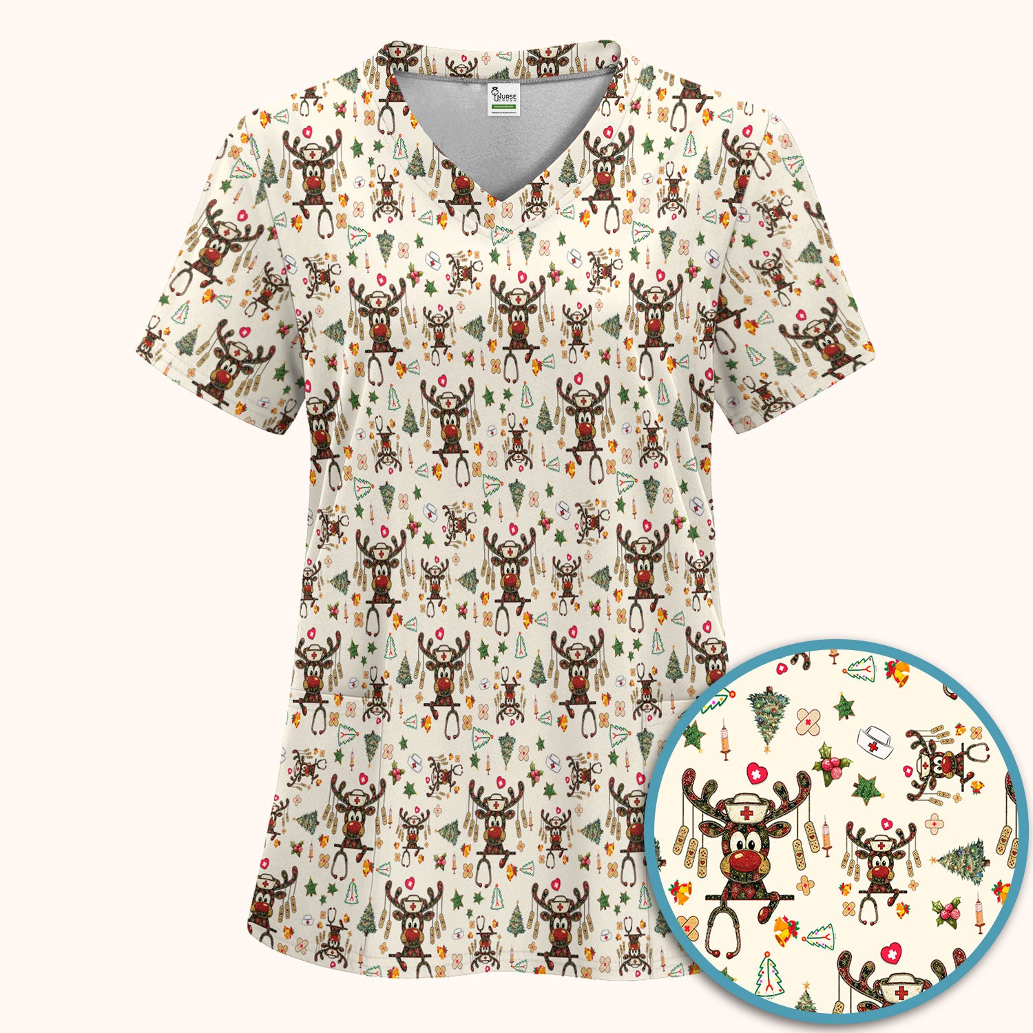 Reindeer Christmas Nurse Scrub Set - Funny Holiday Scrubs Pants and V Neck Top - Cute Medical Uniform for Women