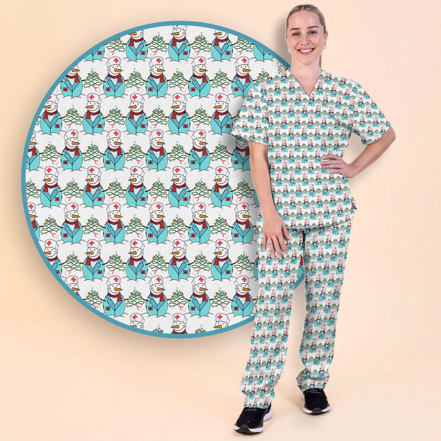 Snowman Nurse Scrub Pants - Xmas Med Uniform for Women - Comfortable Nursing Scrub Sets - Snowman Ugly Sweater Gift