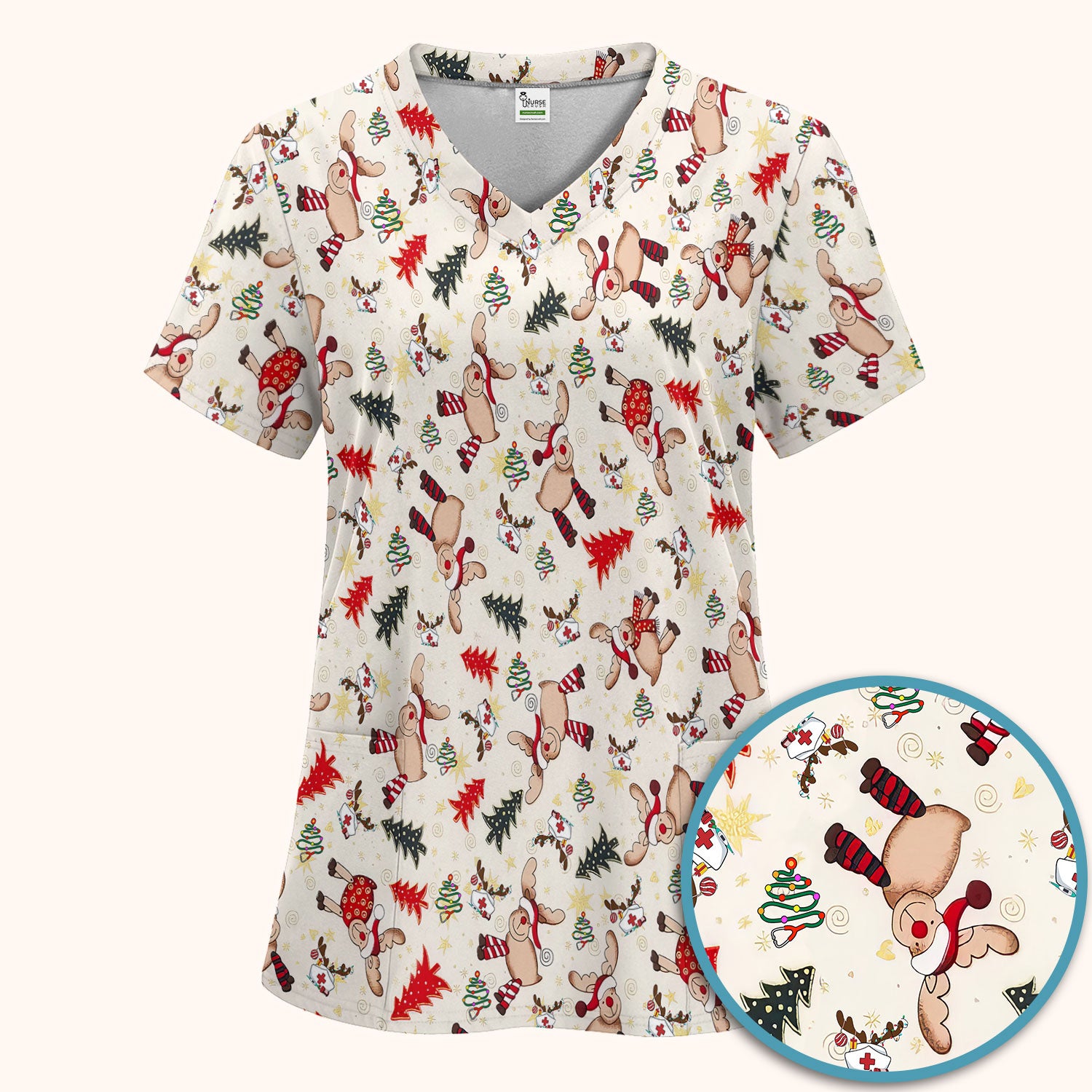 Funny Reindeer Christmas Nurse Scrub Set - Festive Holiday Medical Scrub Pants and V Neck Top - Breathable Med Uniform