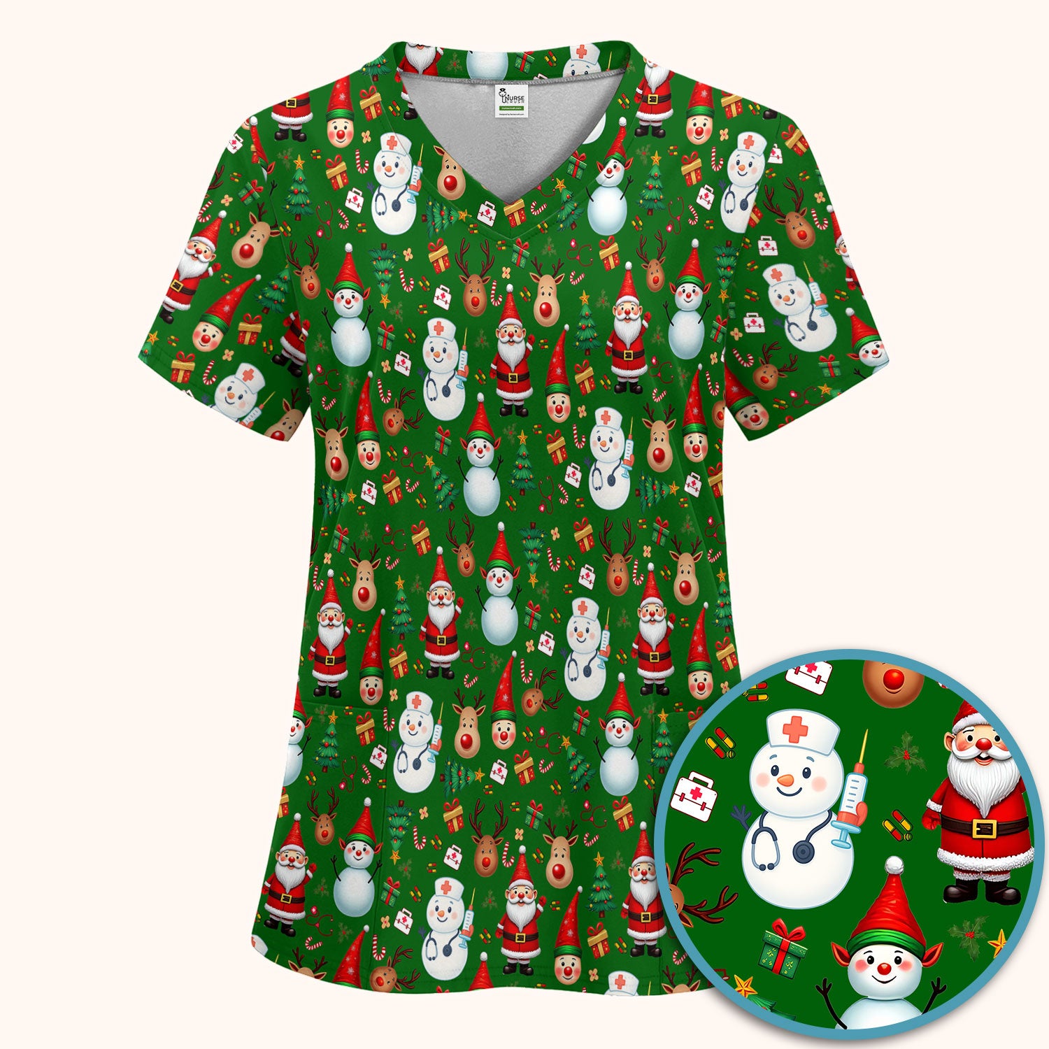 Christmas Nurse Scrub Set - Cute Snowman Santa Reindeer Pattern Medical Uniform - Festive Holiday Scrubs Pants and V Neck Top