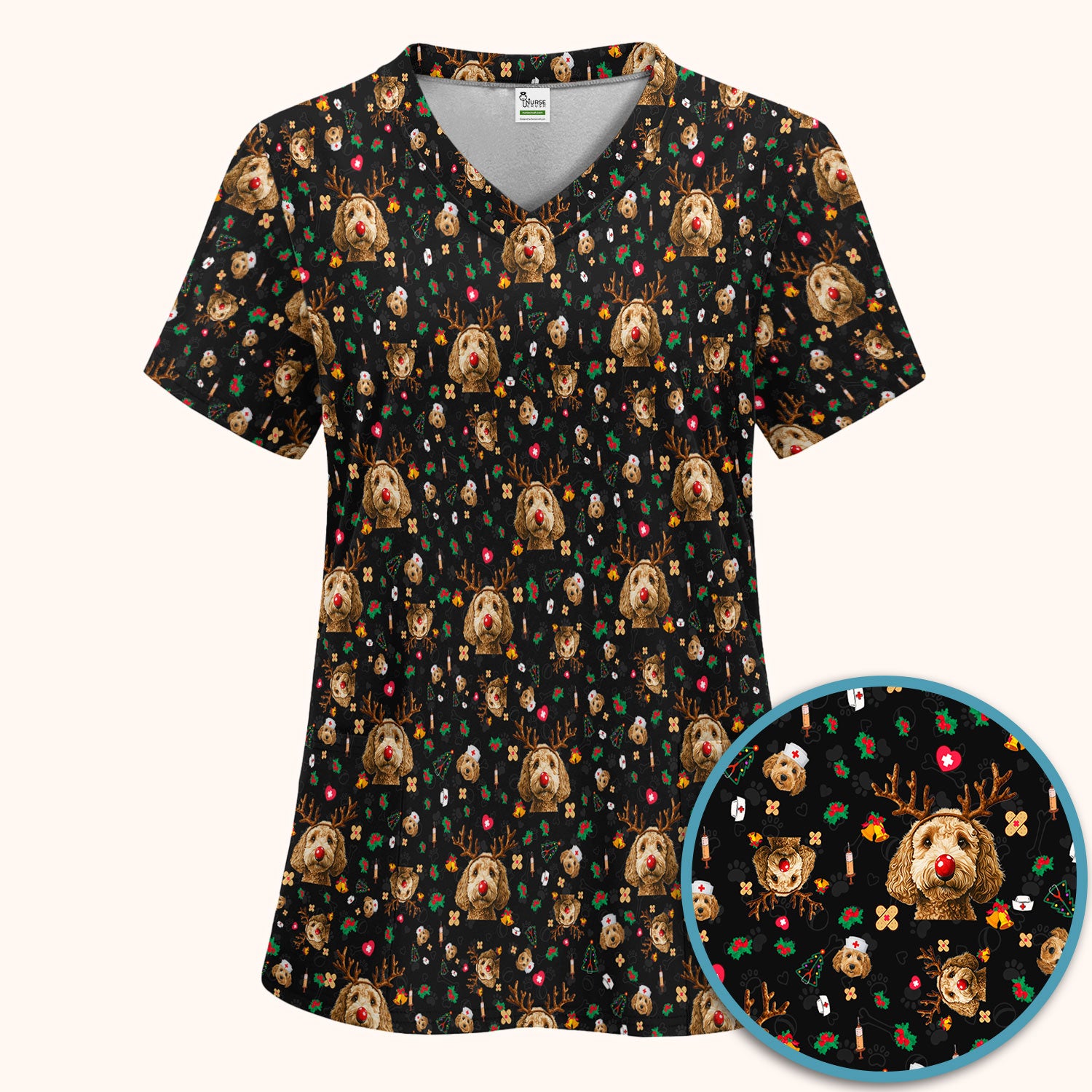 Labradoodle Reindeer Christmas Scrub Set - Funny Dog Nurse Pants and V Neck Top - Cute Holiday Medical Uniform