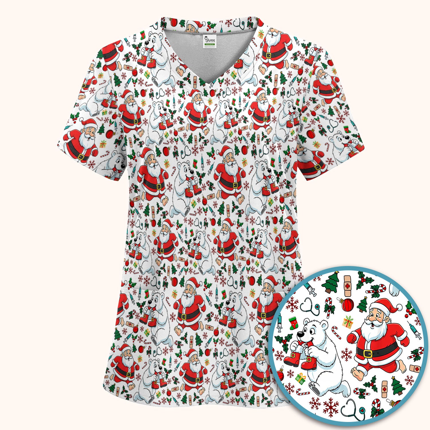 Christmas Santa & Polar Bear Scrub Set - Funny Holiday Nursing Pants and V Neck Top - Cute Winter Medical Uniform