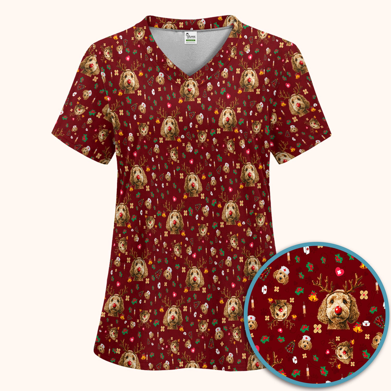 Labradoodle Reindeer Christmas Scrub Set - Funny Dog Nurse Pants and V Neck Top - Cute Holiday Medical Uniform