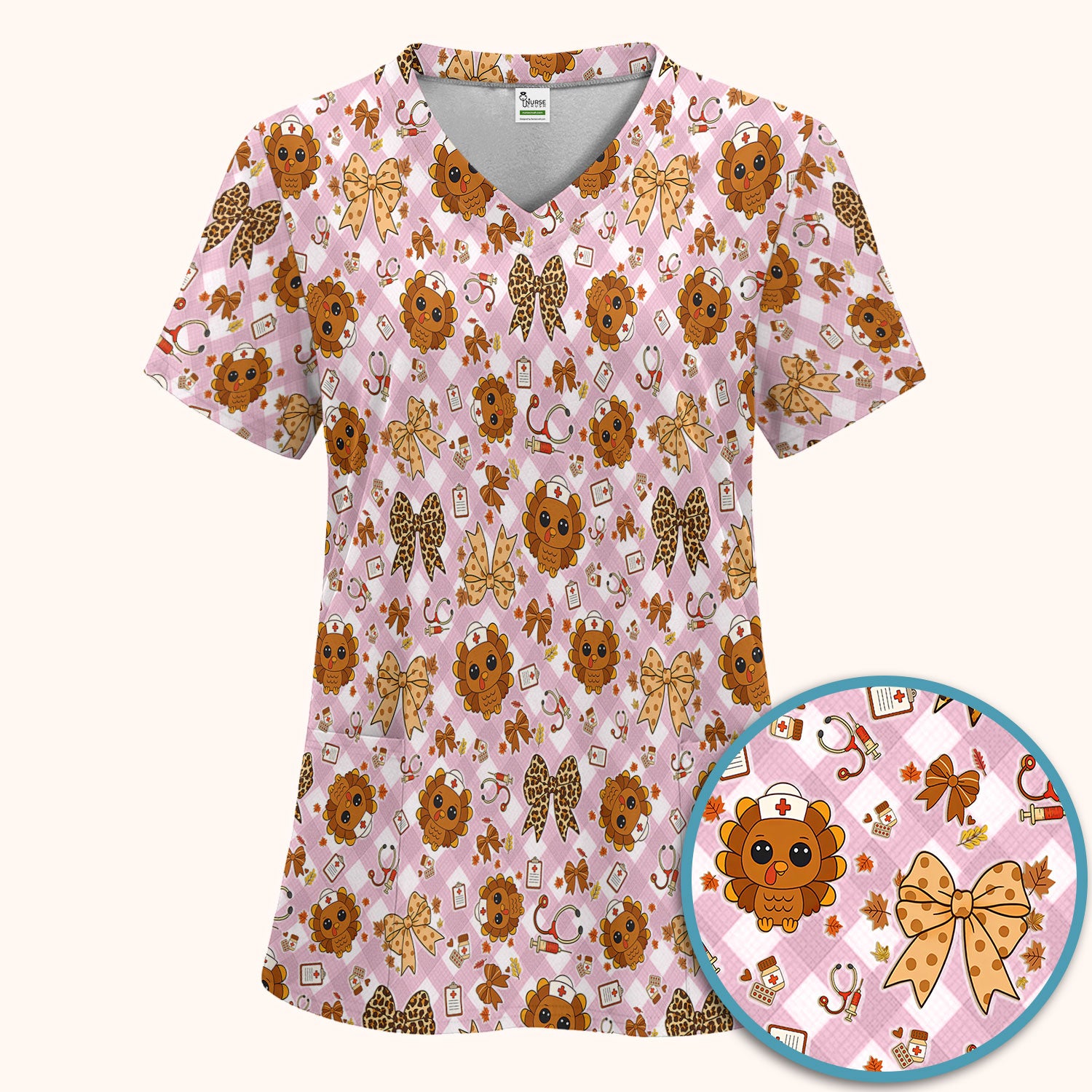 Thanksgiving Turkey Scrub Set for Nurses - Cute Fall Leaves and Bow Scrubs Pants and V Neck Top - Autumn Nursing Gift for Her