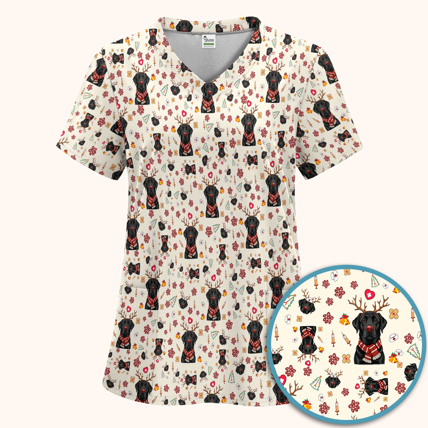 Black Lab Christmas Scrub Set - Funny Labrador Nursing Pants and V Neck Top - Cute Holiday Medical Uniform