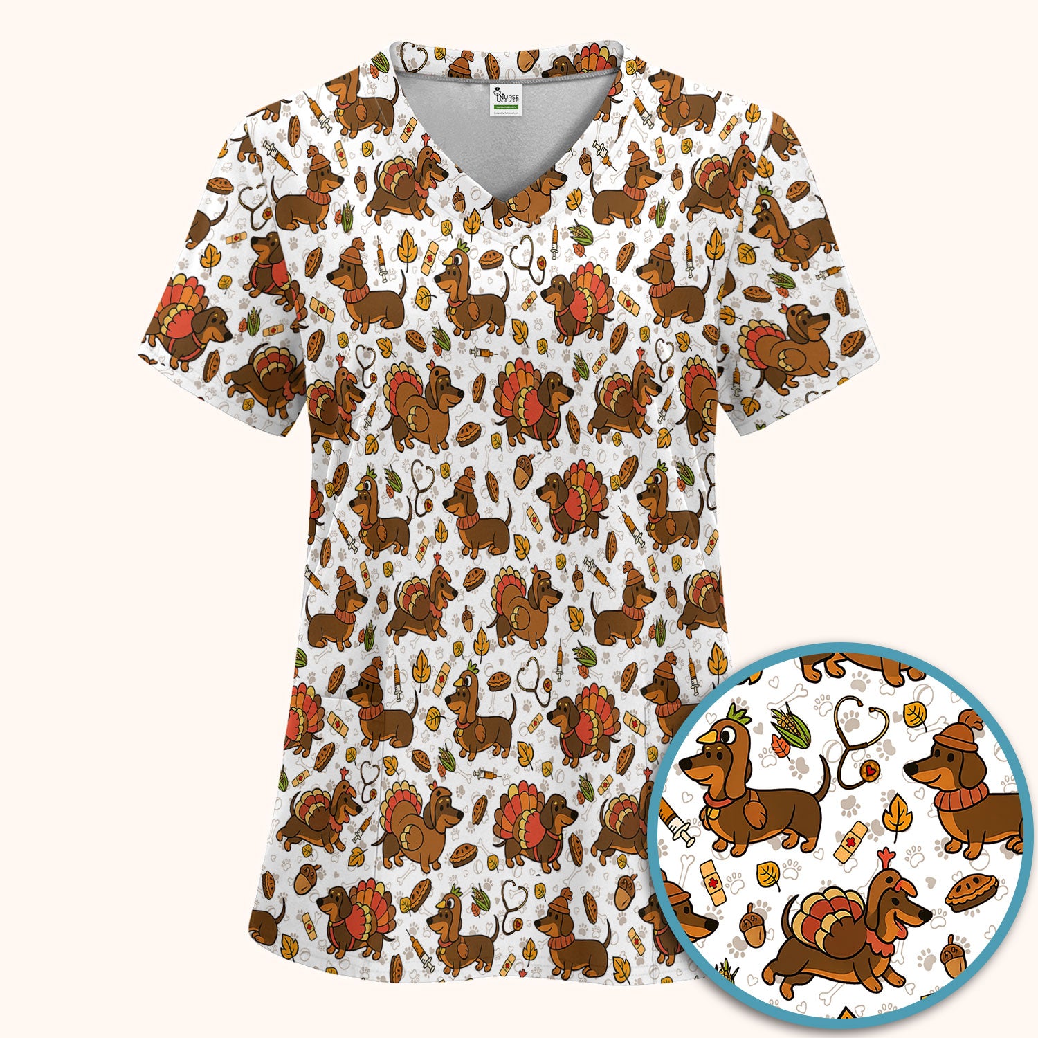 Thanksgiving Dachshund Scrubs Set - Cute Dog Turkey Medical Uniform for Nurses - Funny Holiday Gift for RN CNA LPN