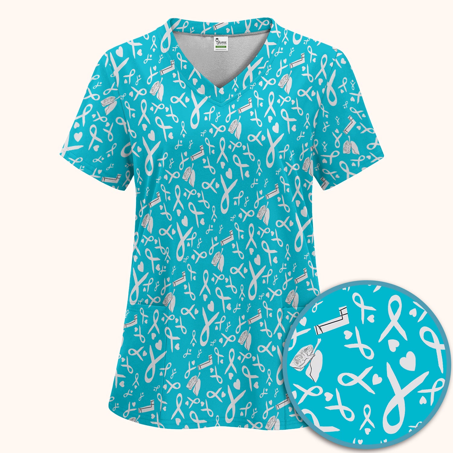 Lung Cancer Awareness Scrub Set for Women - Gray Ribbon Inhaler and Lungs Scrubs Pants and V Neck Top - COPD Asthma Med Uniform