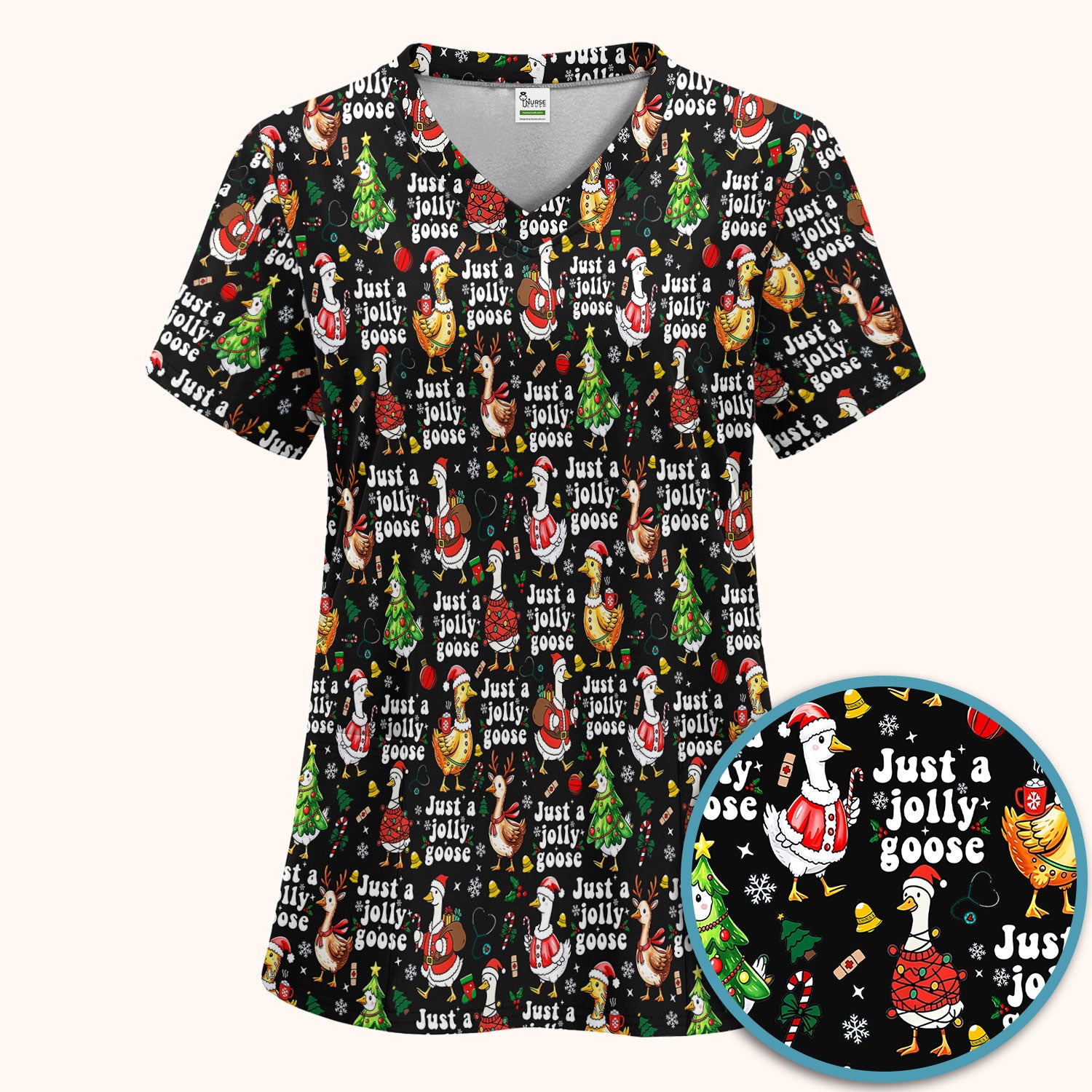 Just a Jolly Goose Funny Christmas Scrub Set - Holiday Medical Uniform for Nurse - Santa Goose Pants and Top