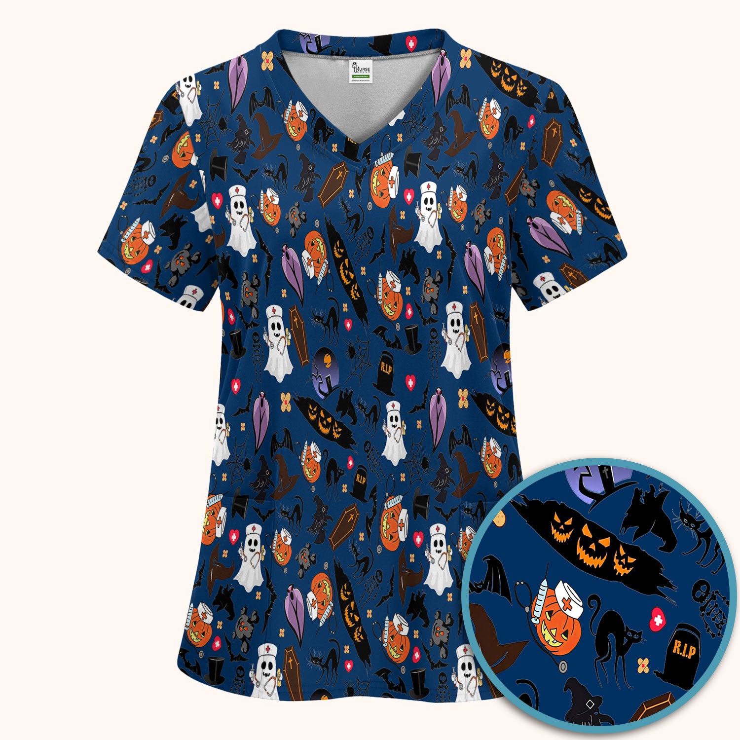 Spooky Halloween Scrub Set - Pumpkin Ghost Bat Nurse Scrubs Pants and V Neck Top - Wicked Witch Medical Uniform for RN CNA LPN