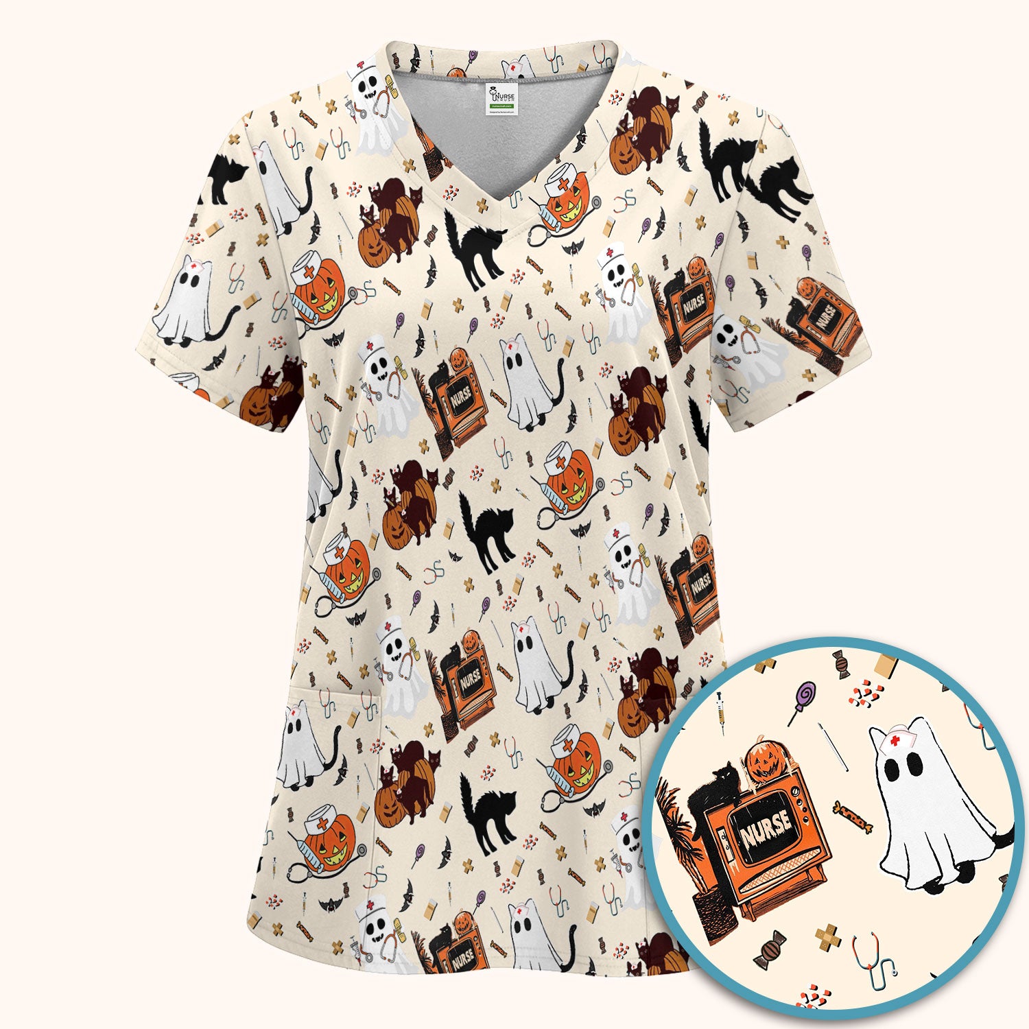 Halloween Scrub Set for Nurse - Cute Pumpkin Ghost Cat Medical Pants and V Neck Top - Spooky Uniform for Women RN CNA LPN