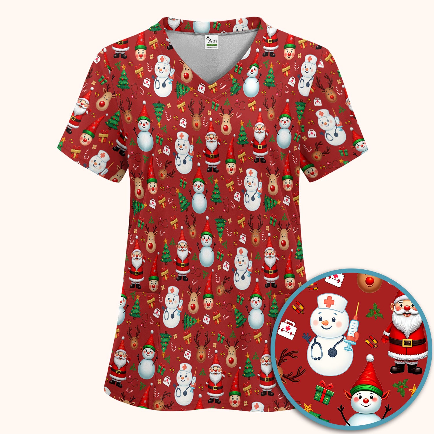 Christmas Nurse Scrub Set - Cute Snowman Santa Reindeer Pattern Medical Uniform - Festive Holiday Scrubs Pants and V Neck Top