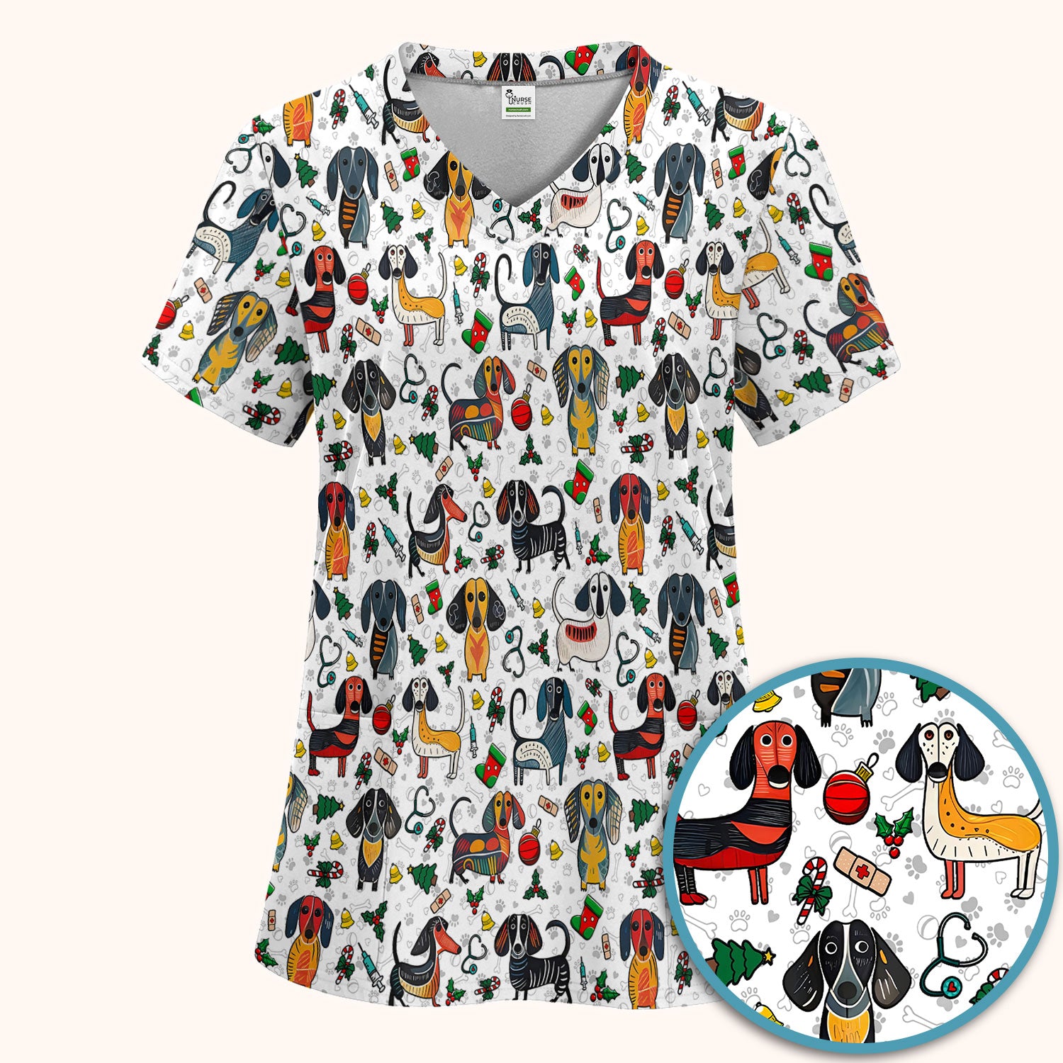 Dachshund Christmas Scrub Set - Cute Wiener Dog Pants and V Neck Top - Holiday Medical Uniform