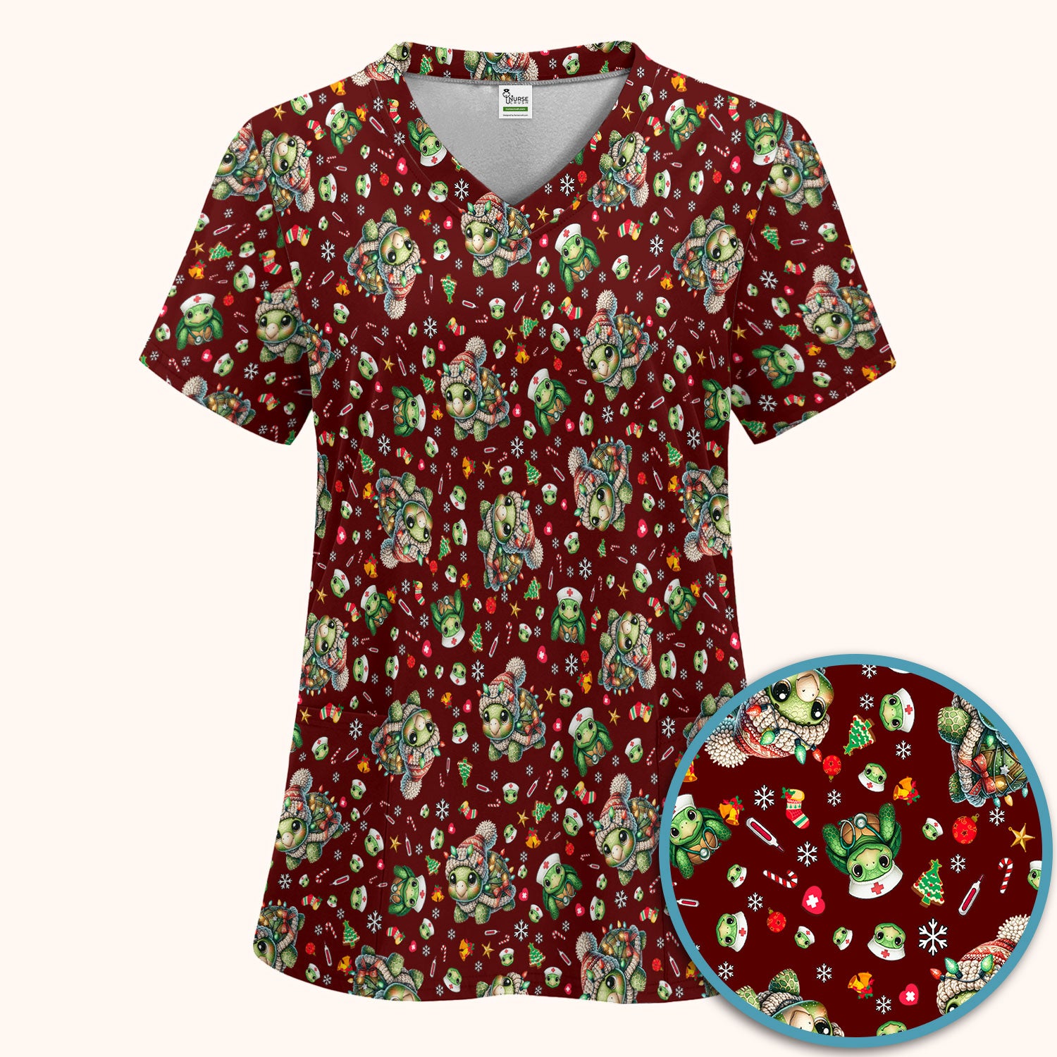 Christmas Turtle Scrub Set - Cute Funny Nurse Pants and V Neck Top - Holiday Medical Uniform for Women