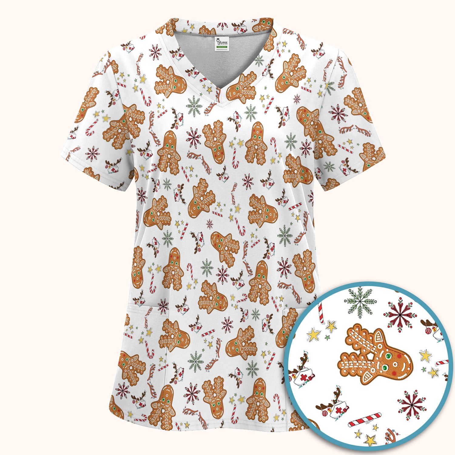 Gingerbread Cookies Reindeer Women's Scrub Sets - Comfortable Scrubs for Nurses - Funny Christmas Med Uniform