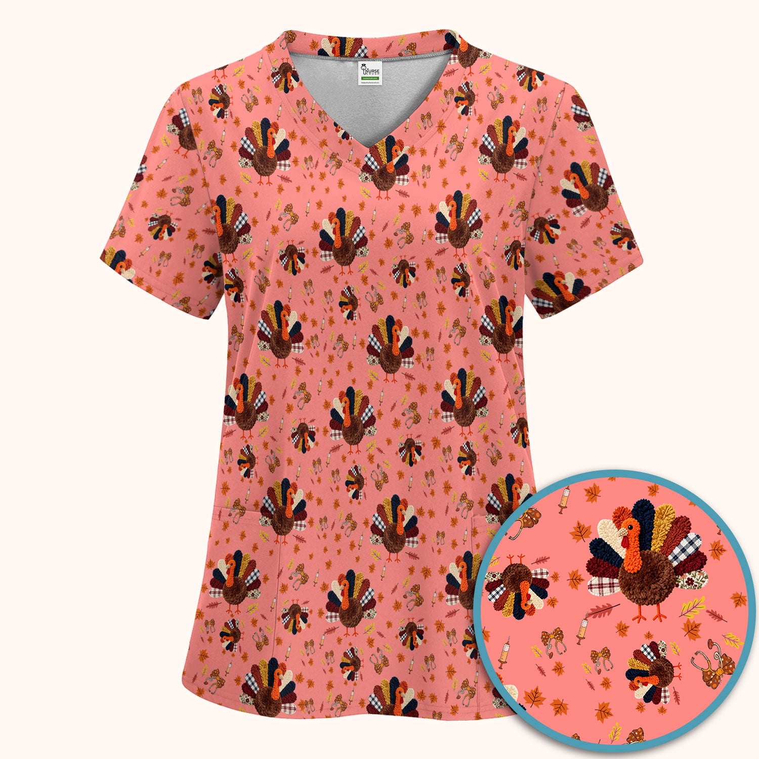 Thanksgiving Women's Scrub Sets - Funny Autumn Turkey Pants and V Neck Top - Breathable Fabrics Nursing Uniform
