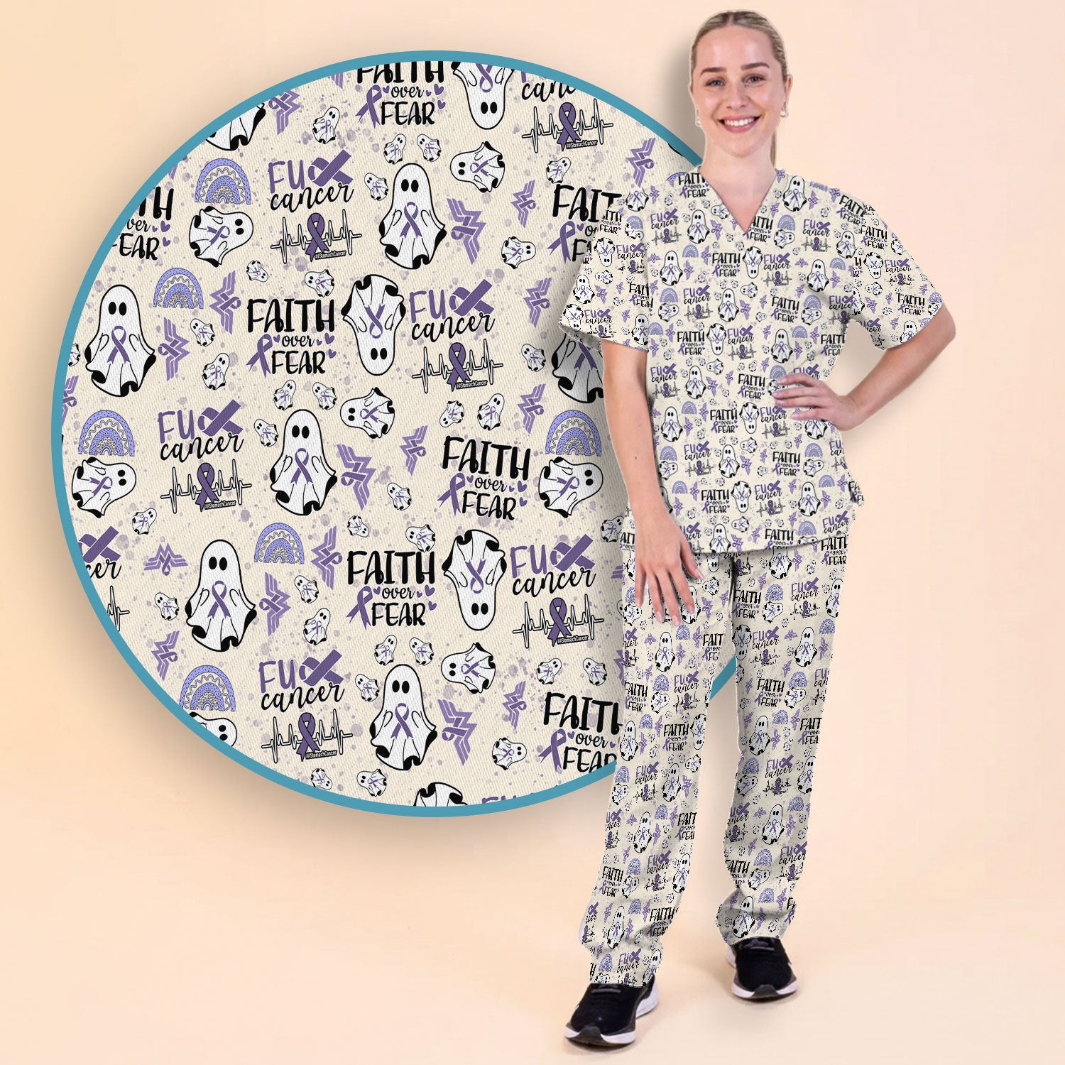 Periwinkle Ribbon Stomach Cancer Scrub Set for Women - Awareness Nurse Scrub Pants and V Neck Top - November Warrior Survivor Gift