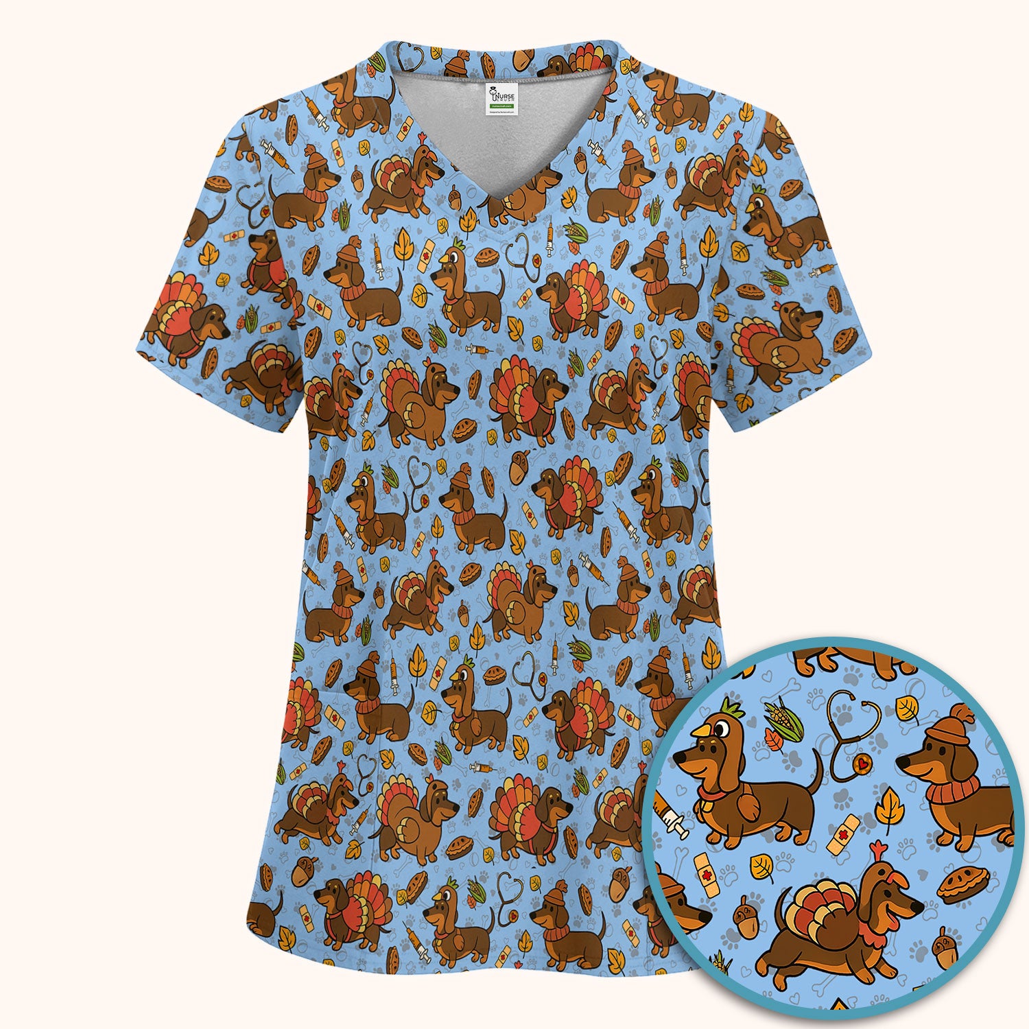 Thanksgiving Wiener Dog Scrub Set - Funny Dachshund Turkey Scrubs Pants and V Neck Top - Fall Winter Gift for Women