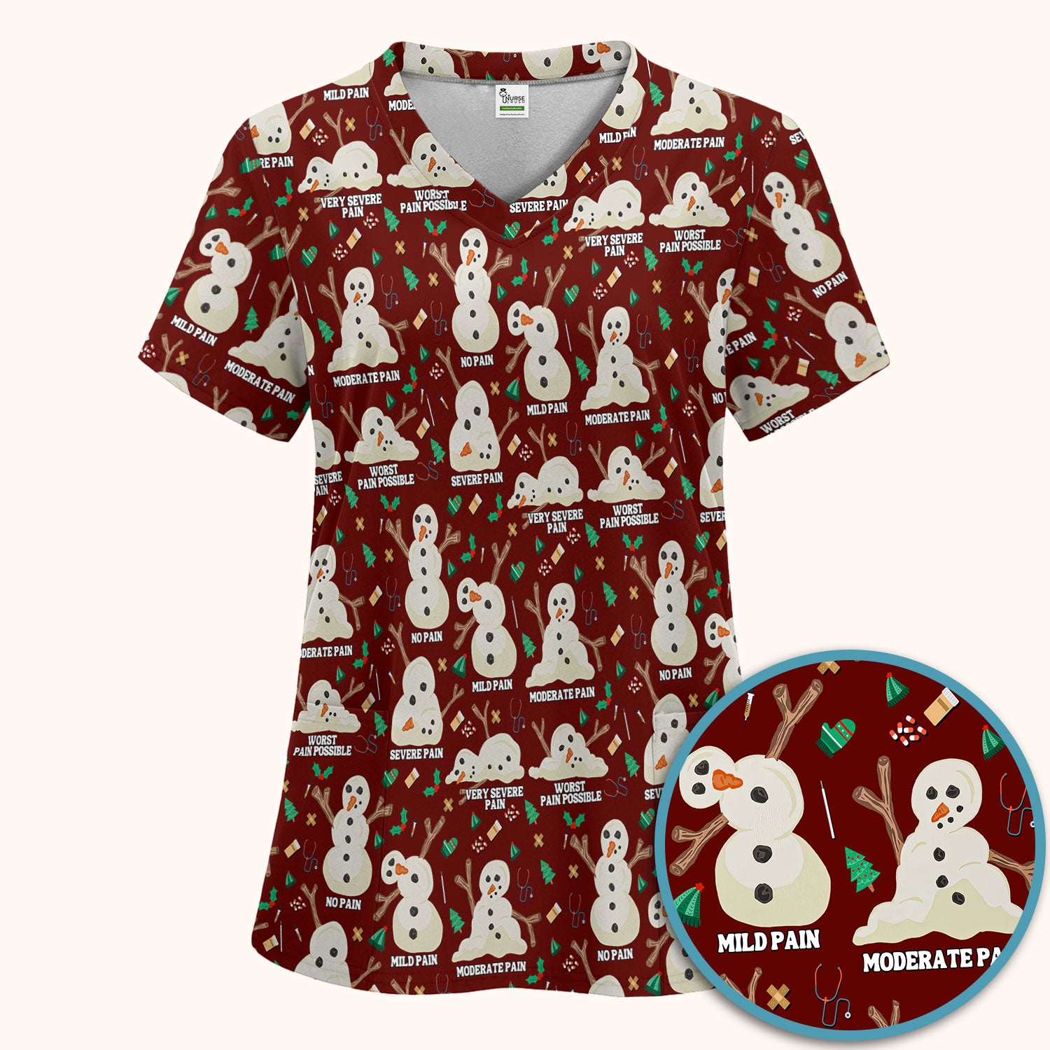 Funny Snowman Pain Scale Scrub Set for Nurse - Christmas Medical Pants and V Neck Top for Women RN LPN CNA