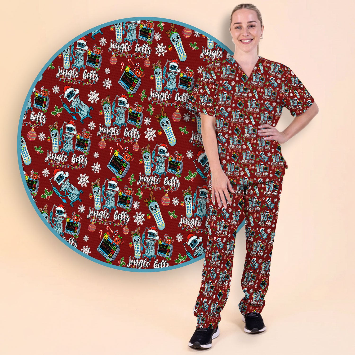 Funny Xmas Women's Scrub Sets - Jingle Bells Holiday Med Uniform -  Christmas Scrub Pants and V Neck Top for RN LPN CNA