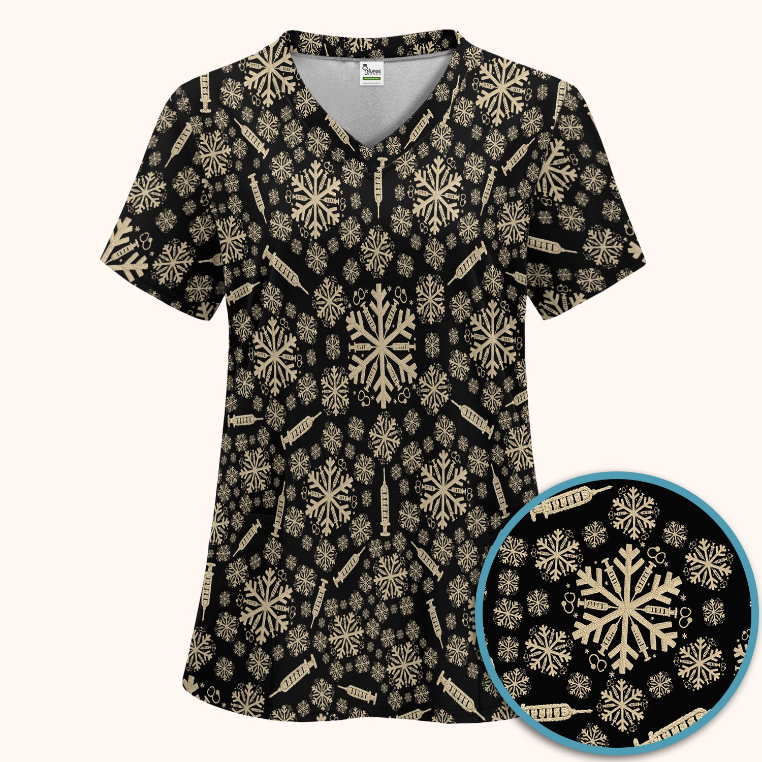 Snowflake Syringe Scrubs Pants and V Neck Top for Women - Winter Snow Medical Set - Funny Christmas Gift for Nurse