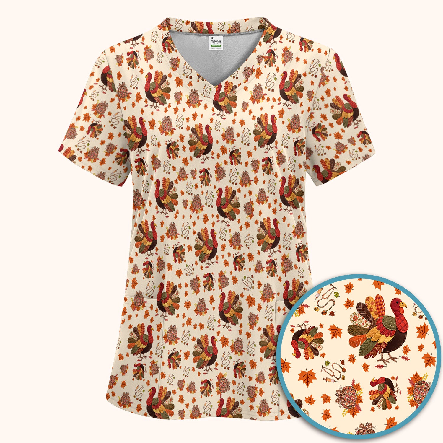Fall Leaves Thanksgiving Women's Scrub Set - Comfortable Scrub Pants and V Neck Top - Funny Turkey Nursing Uniform