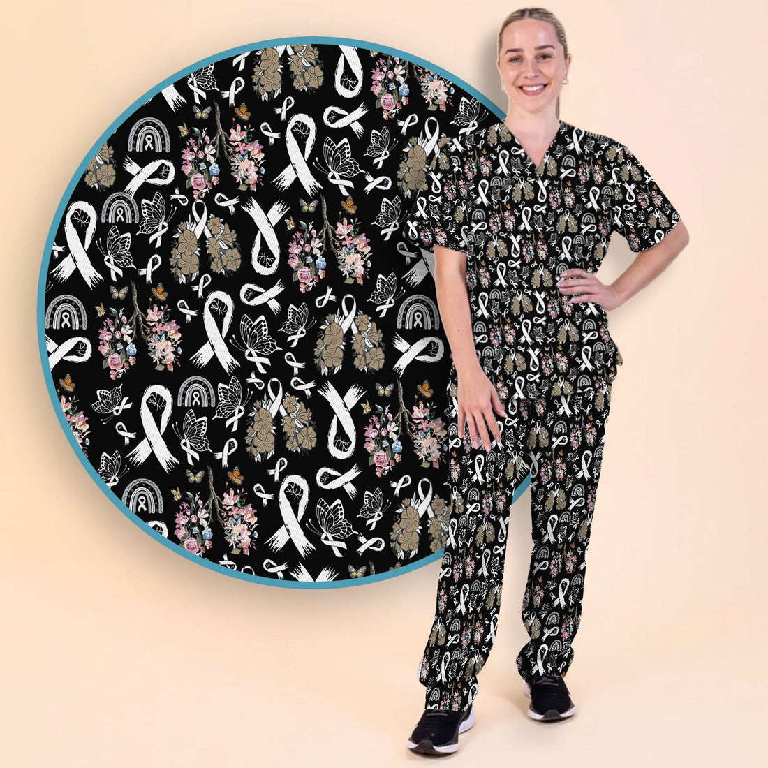 Lung Cancer Awareness Scrub Sets for Nurse - White Ribbon Butterfly Floral Scrub Pants and V Neck Top - Breathable Med Uniform for Women