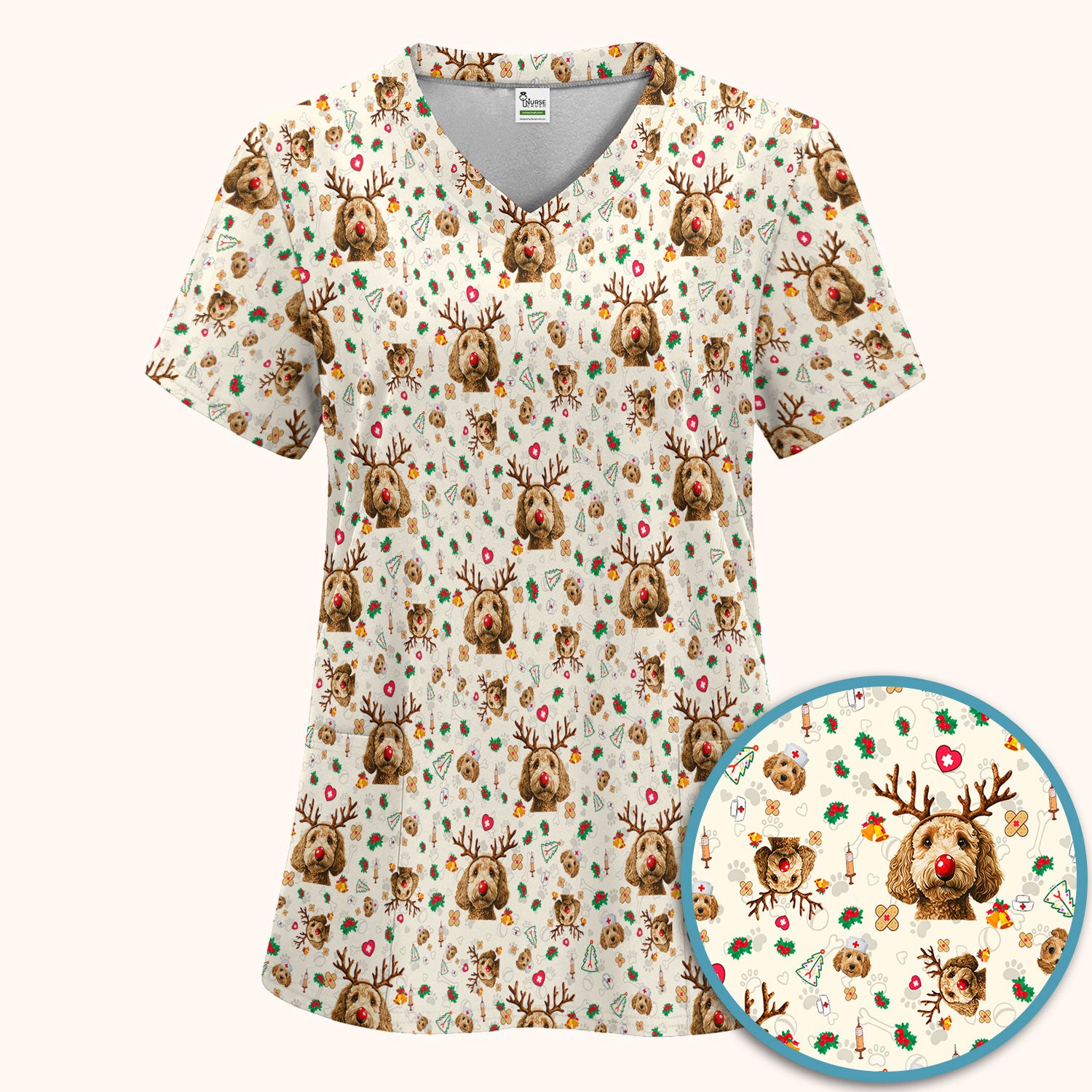 Christmas Labradoodle Scrub Set - Funny Reindeer Dog Nurse Pants and V Neck Top - Cute Holiday Medical Uniform