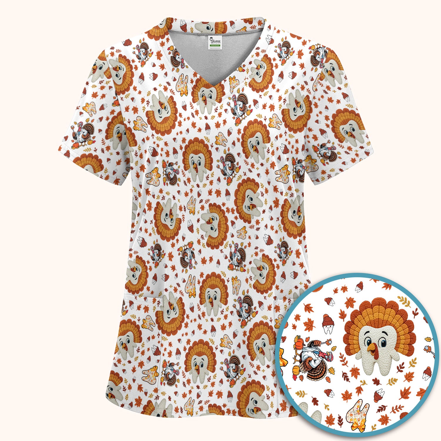 Funny Thanksgiving Tooth Scrub Set - Cute Turkey Dental Scrubs Pants and V Neck Top - Fall Medical Uniform for Hygienists & Nurses