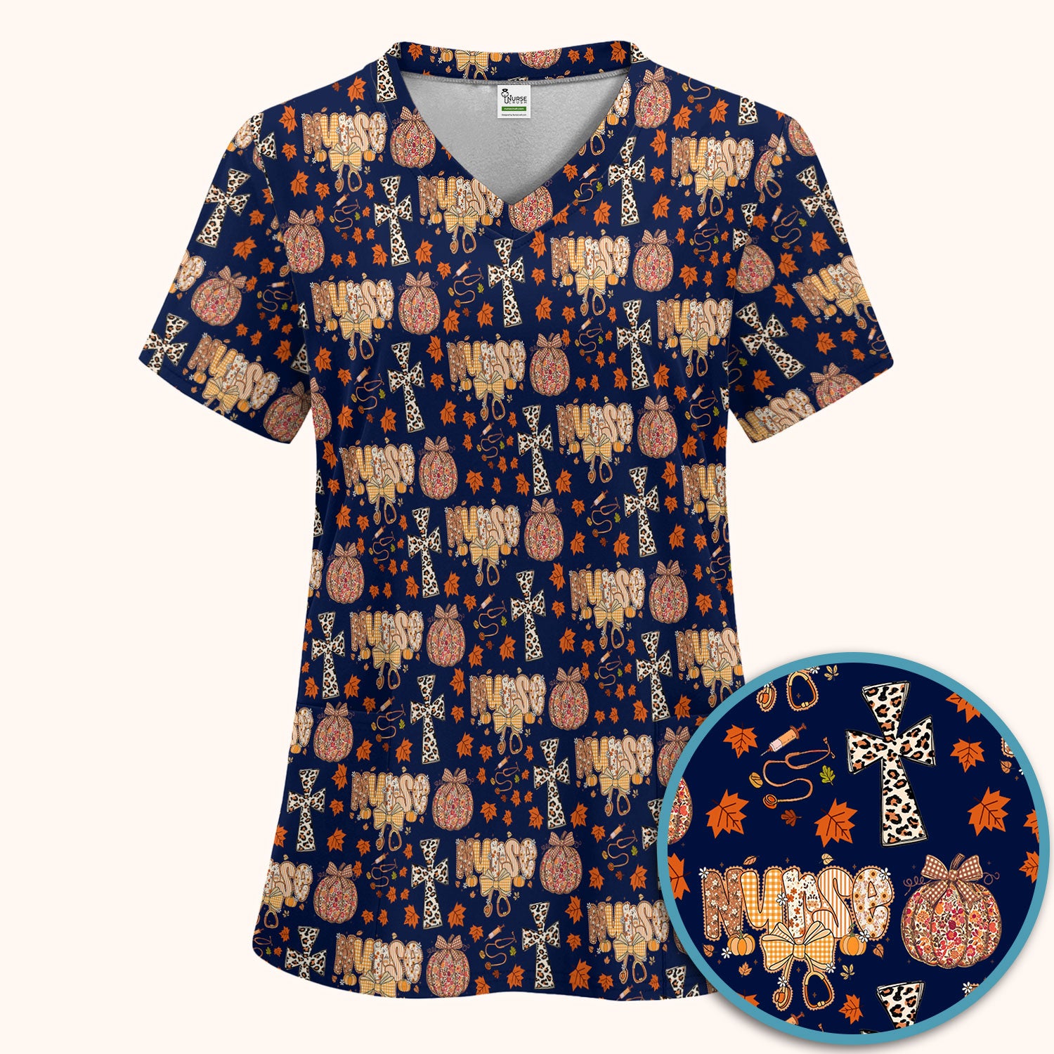 Floral Pumpkin Scrub Set for Women - Coquette Bow Thanksgiving Scrubs Pants and V Neck Top - Comfortable Medical Uniform