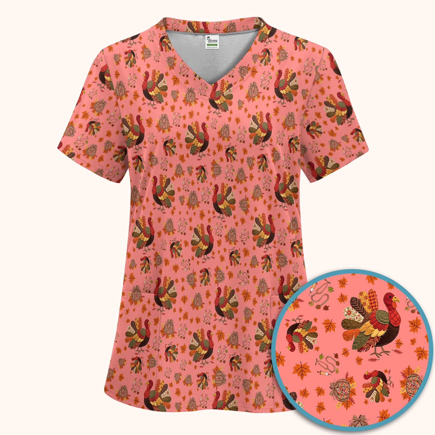 Thanksgiving Turkey Nurse Scrub Sets for Women - Fall Leaves Scrub Pants and V Neck Top - Autumn Nursing Uniform