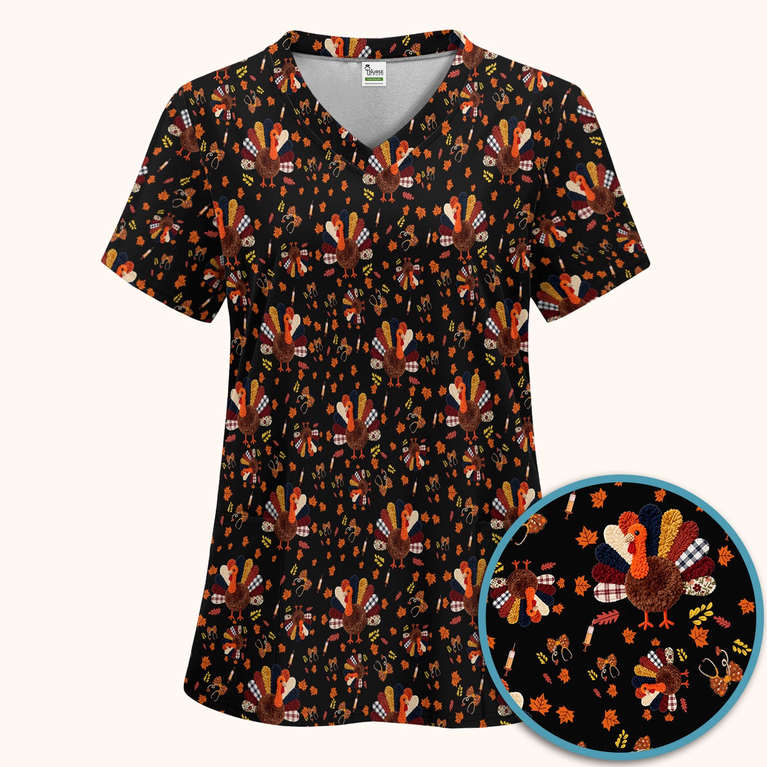 Thanksgiving Women's Scrub Sets - Funny Autumn Turkey Pants and V Neck Top - Breathable Fabrics Nursing Uniform