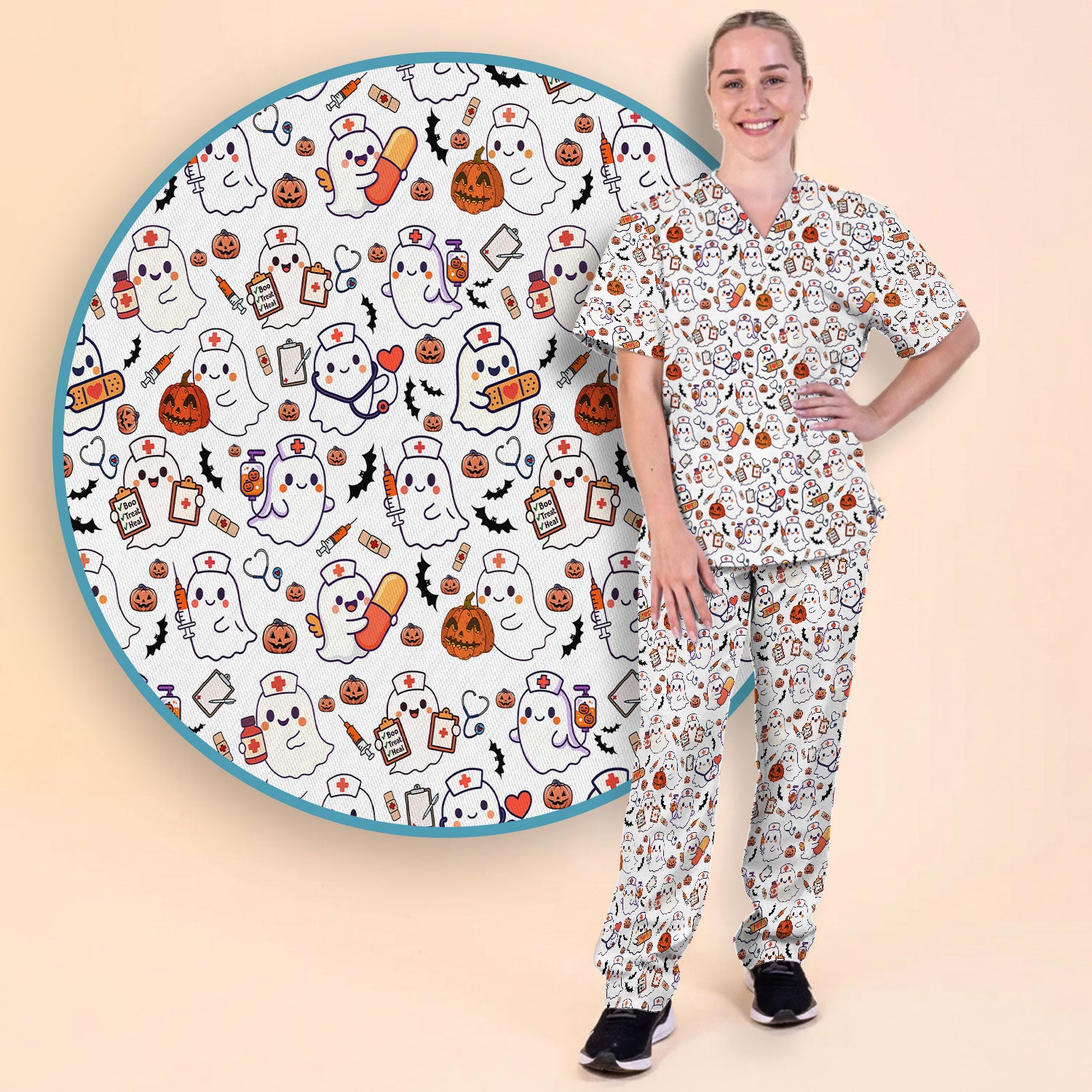 Women's Scrub Sets Halloween Gift - Comfortable Scrubs for Nurses - Pumpkin Ghost Scrub Pants and V Neck Top