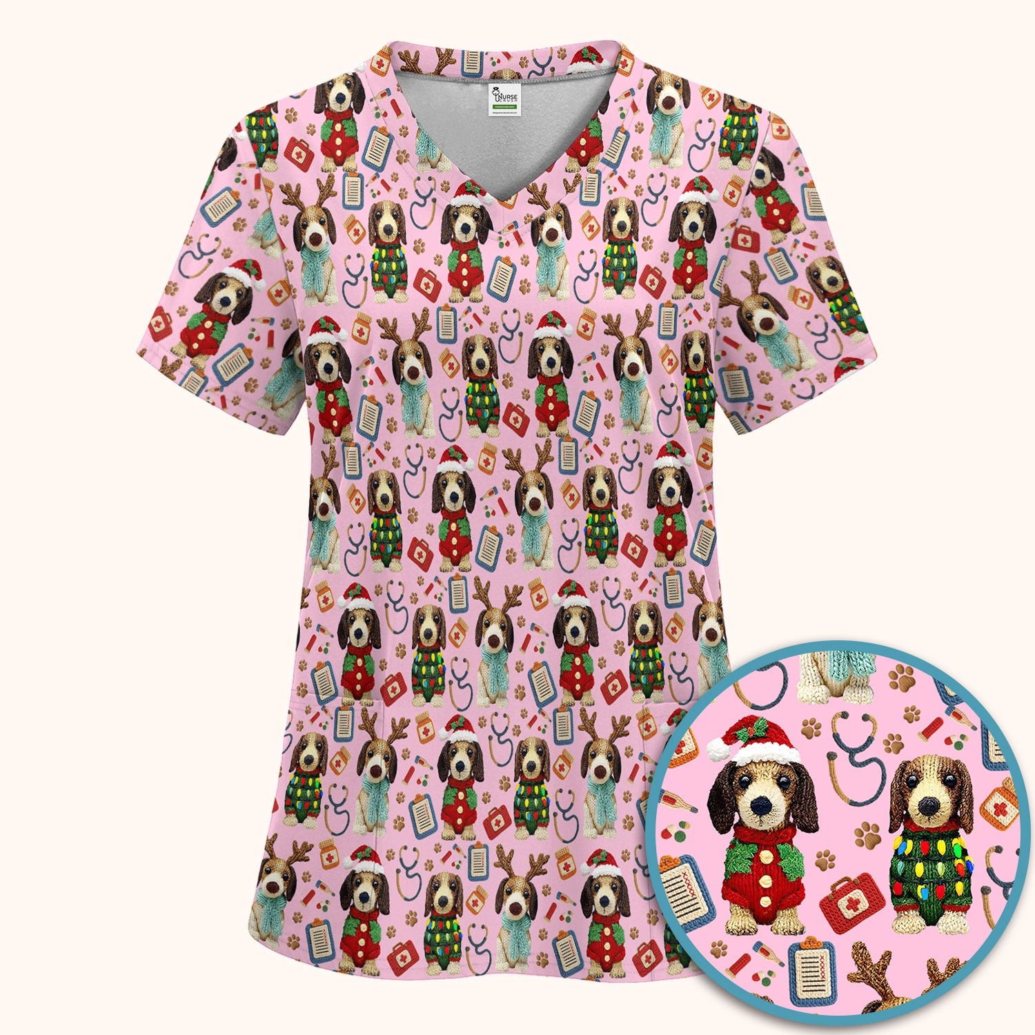 Christmas Wiener Dog Scrubs Set for Women - Cute Dachshund Christmas Scrub Pants and V Neck Top - Puppy Lover Medical Uniform Gift