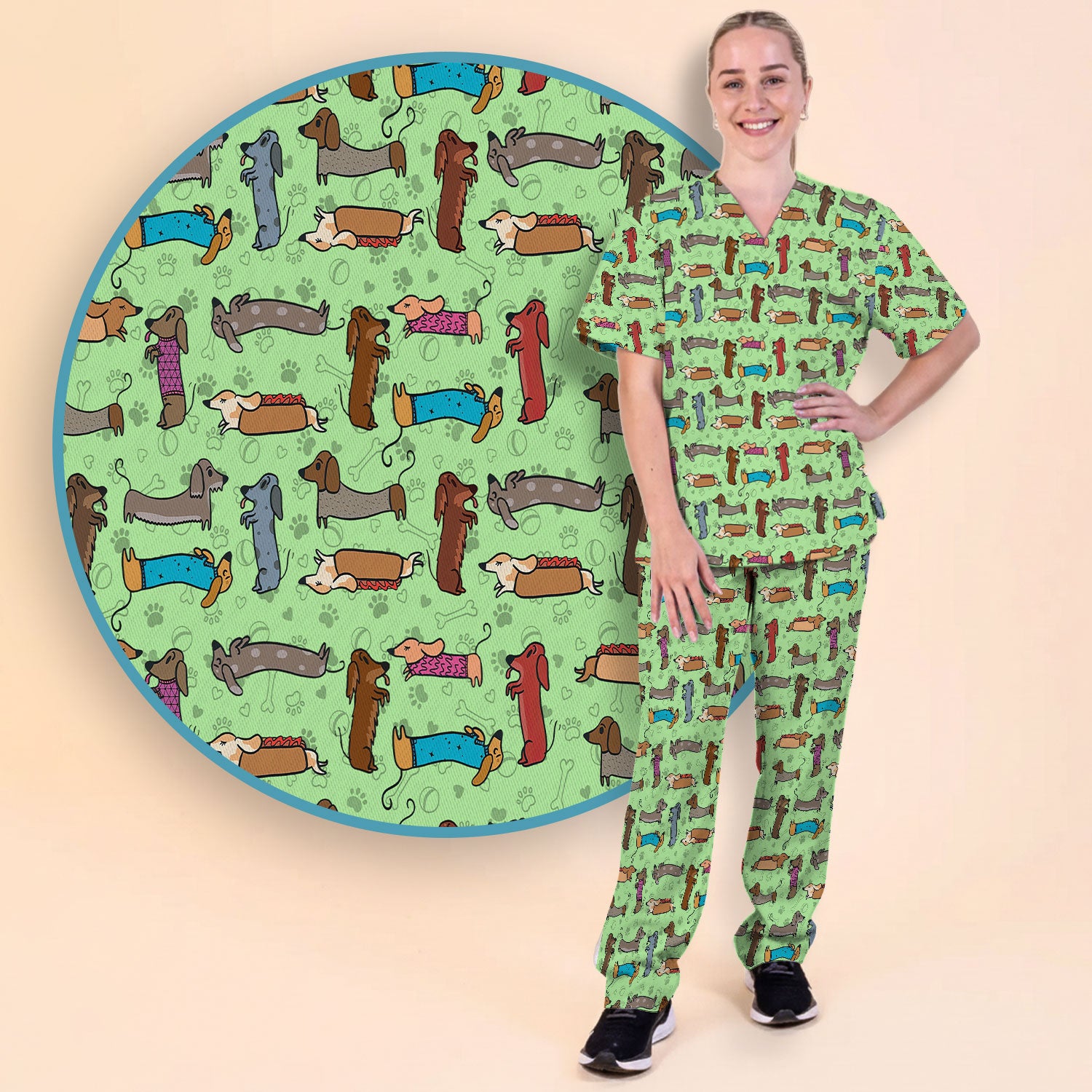 Cute Dachshund Women's Scrub Sets - Funny Sausage Dog Scrub Pants and V Neck Top - Breathable Med Uniform - Nursing Gift