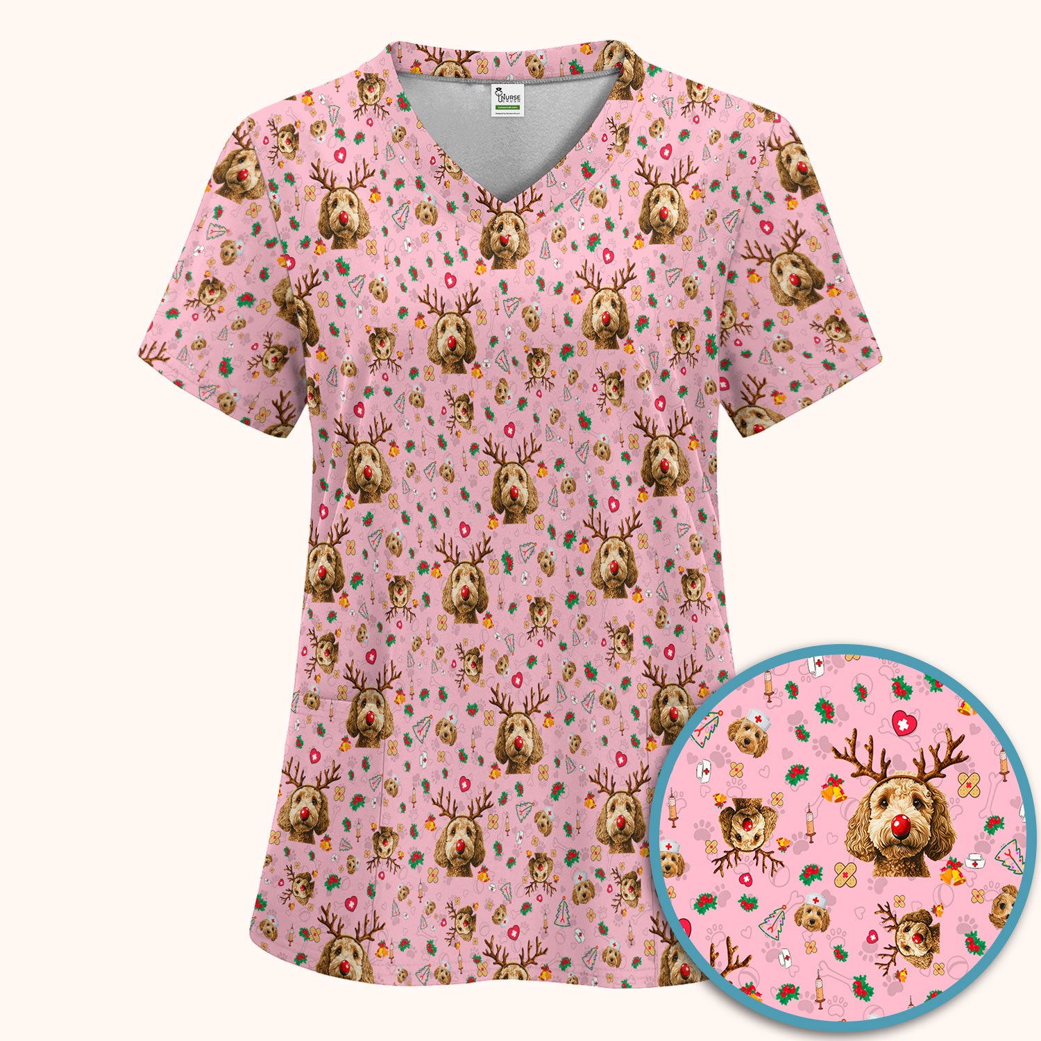 Christmas Labradoodle Scrub Set - Funny Reindeer Dog Nurse Pants and V Neck Top - Cute Holiday Medical Uniform