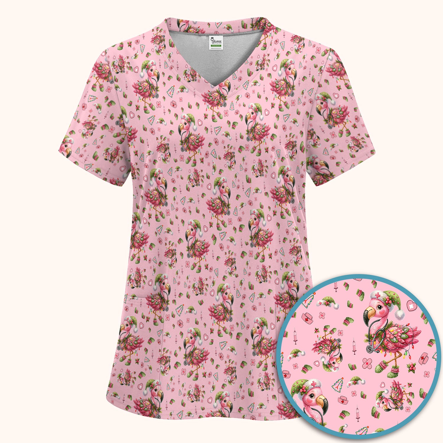 Pink Flamingo Christmas Scrub Set - Cute Flamingo Scrubs Pants and V Neck Top - Fun Christmas Medical Uniform