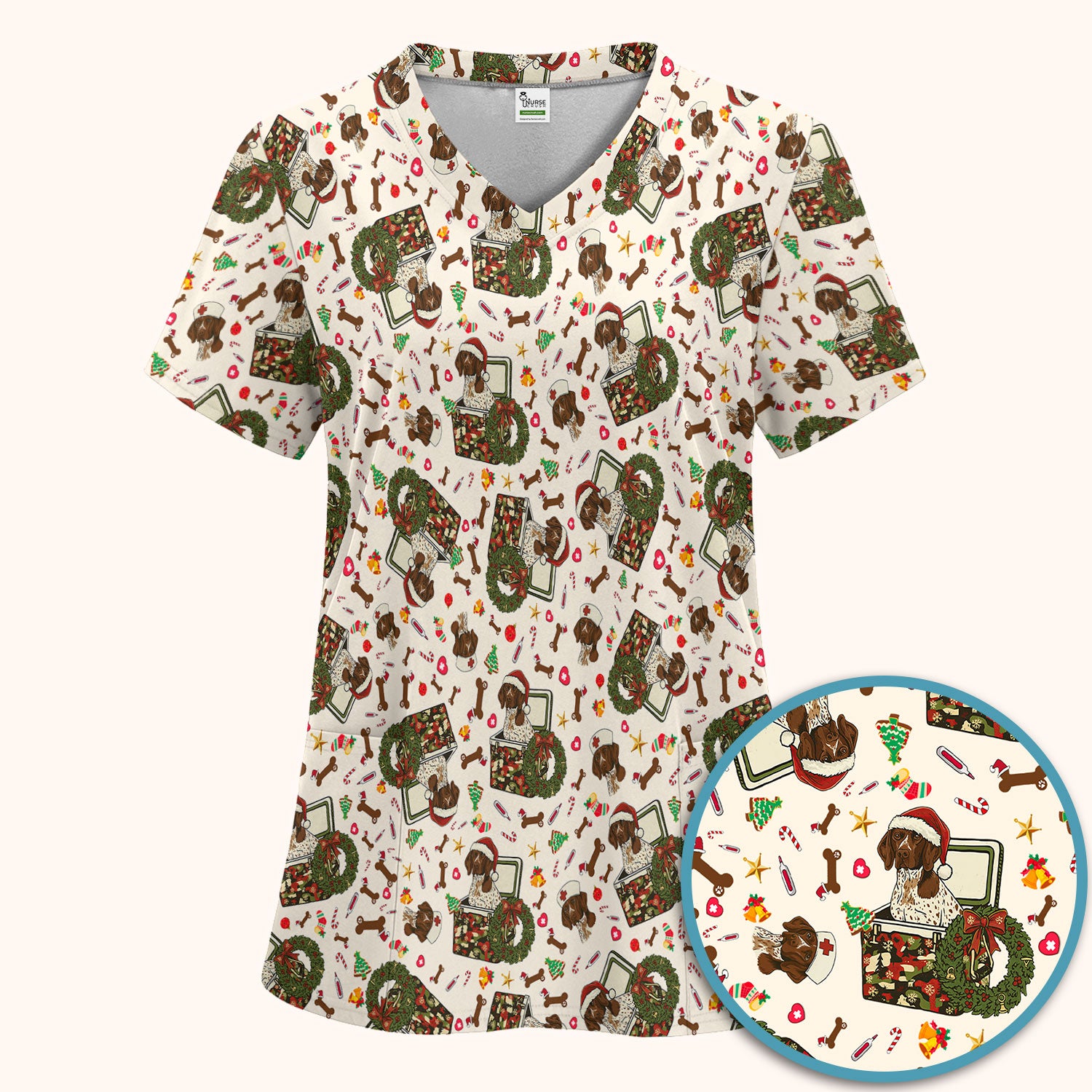 Christmas Dachshund Scrub Set - Cute Sausage Dog Nursing Pants and V Neck Top - Funny Holiday Medical Uniform