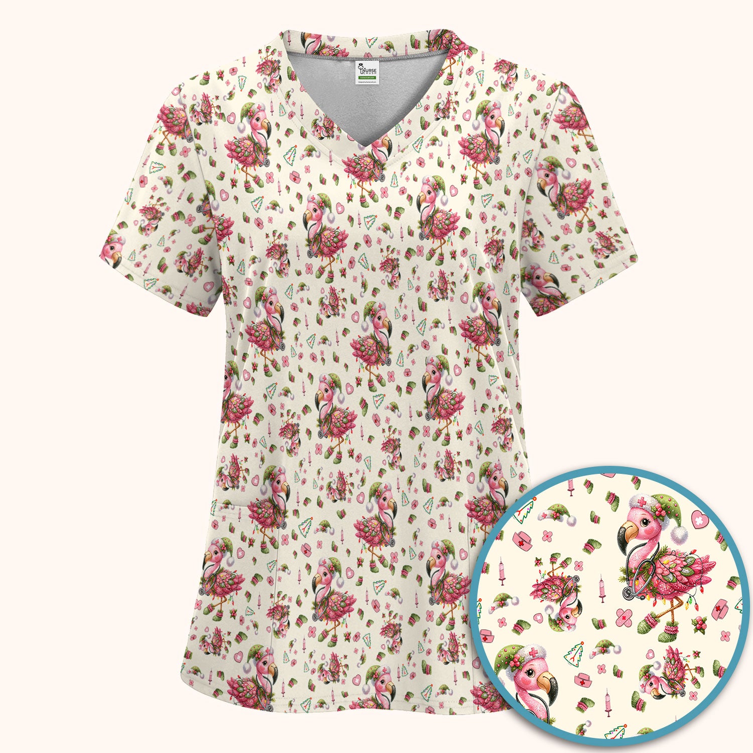 Pink Flamingo Christmas Scrub Set - Cute Flamingo Scrubs Pants and V Neck Top - Fun Christmas Medical Uniform