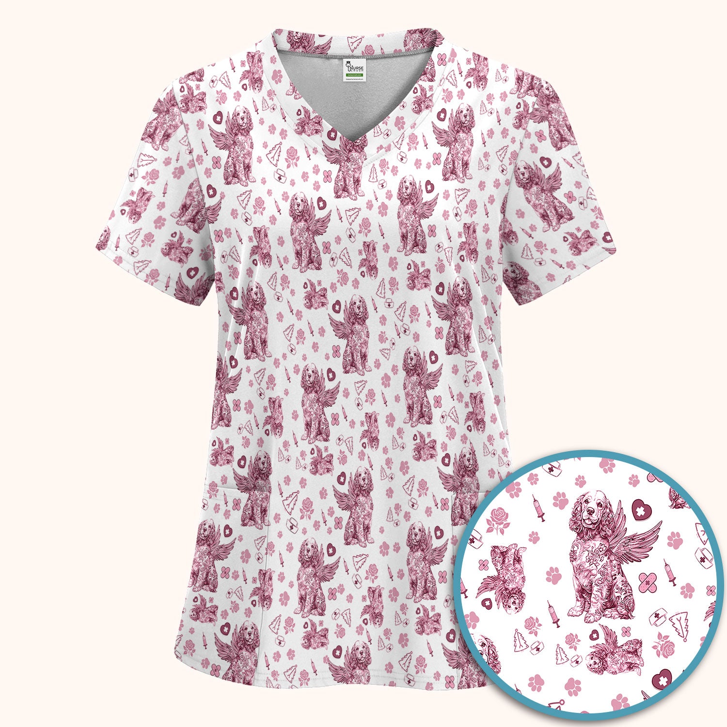 Toile De Jouy Scrub Set for Nurses - Angel Puppy Medical Uniform - Floral Dog in Heaven Gift for Women, Vet Techs, RN CNA LPN